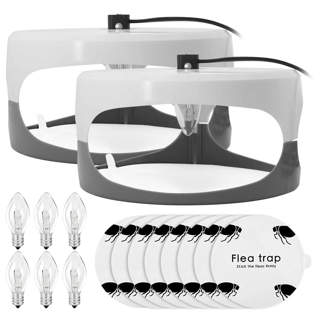 2 Pièces Piege a Puces, Piege a Puces Maison avec 6 Ampoules et 8 Disques Adhésifs, Piège à Puces avec Ampoule, Lampe Anti-puces pour Salon, Chambre, Chambre denfant, Cuisine