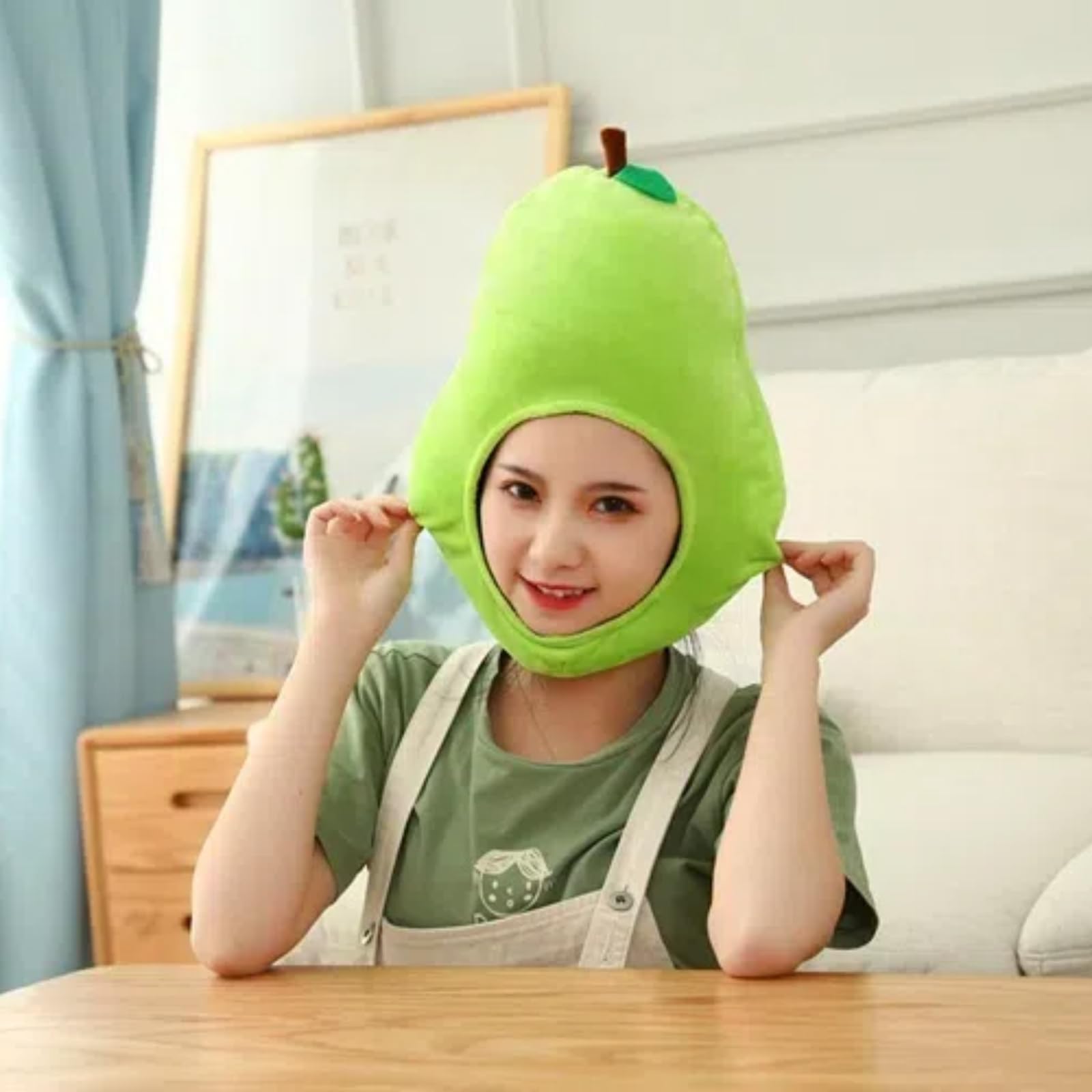 HIPIHOM Plush Fruit Headgear Hat Funny Novelty Hat Sleeping Pillow Toy Stuffed Cap Photo Props Warm Cosplay Accessories (Pear)