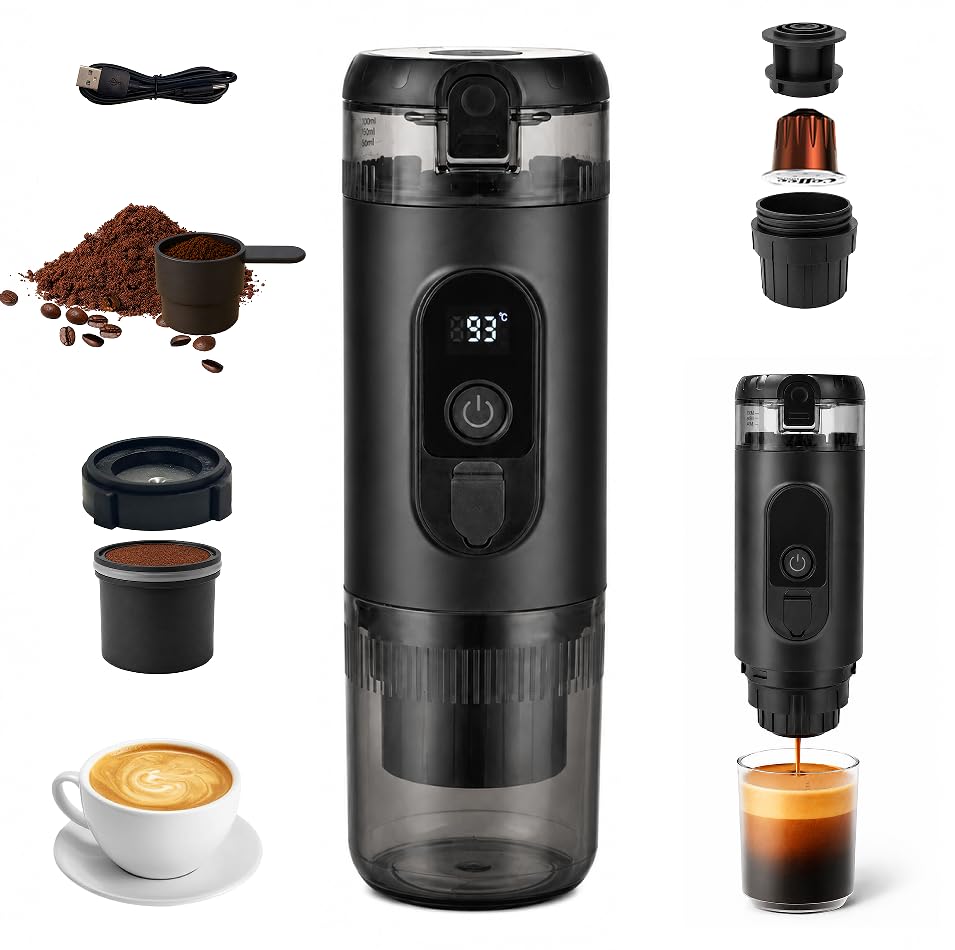 Machine à café espresso portable, 20 bars, rechargeable, 2-en-1 pour café moulu et capsules Nespresso, extraction chaude/froide avec gobelet intégré, pour...