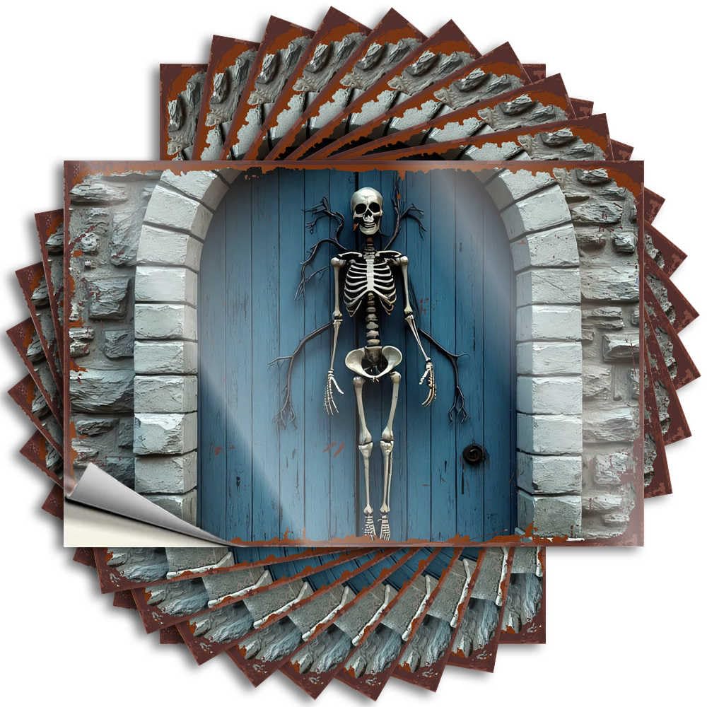 Stickers Men Easy Apply | Spooky Skeleton On Blue Wooden Door Autumn Wall Peel and Stick(6X9CM)