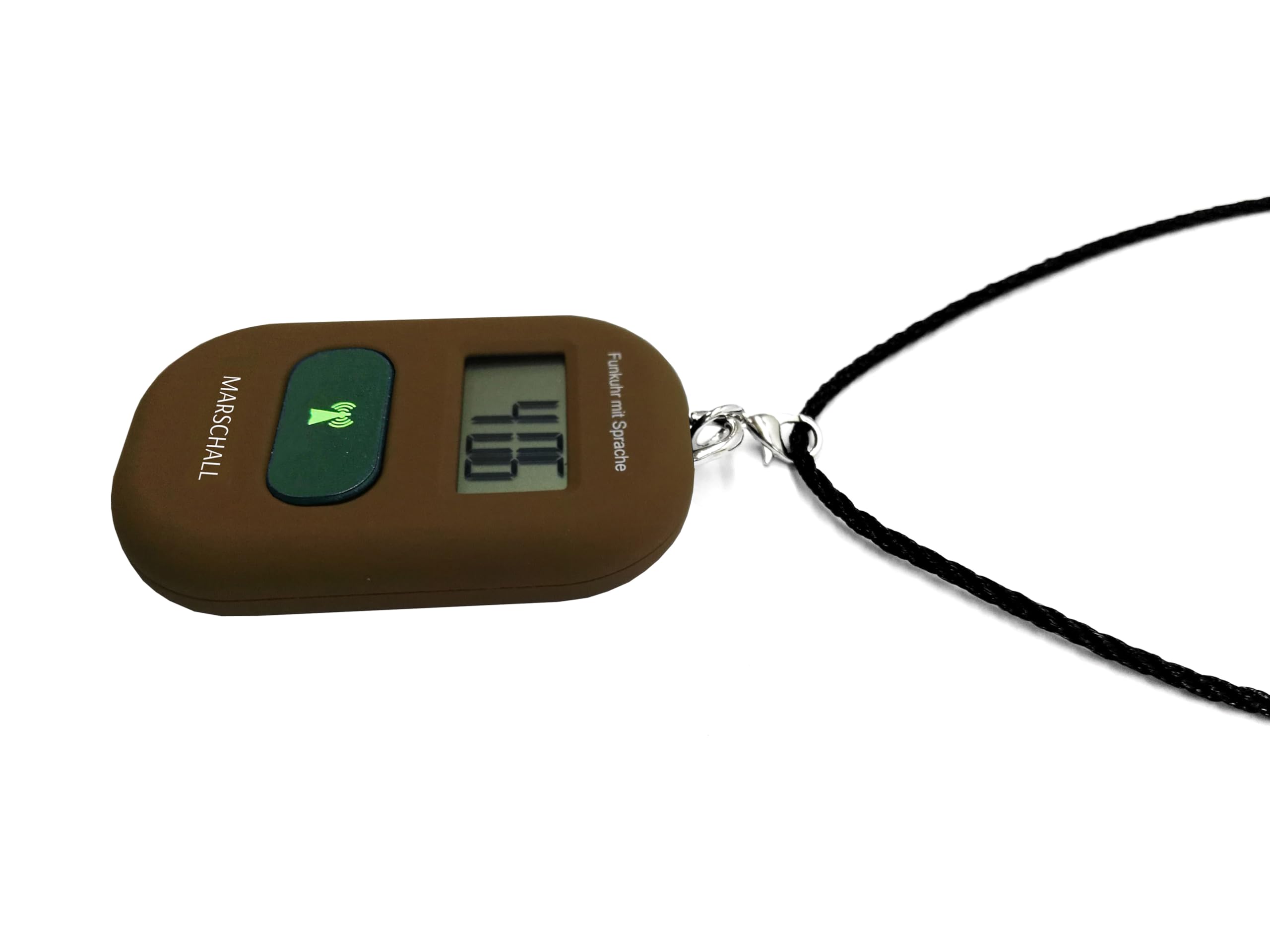 Marschall Schlüsselanhänger Deutsch sprechende Funkuhr I 1117B I Umhängeuhr Braun I Extra Laute Sprachausgabe I Großes LCD Display I Perfekt für Senioren, Blinde und Demenzkranke