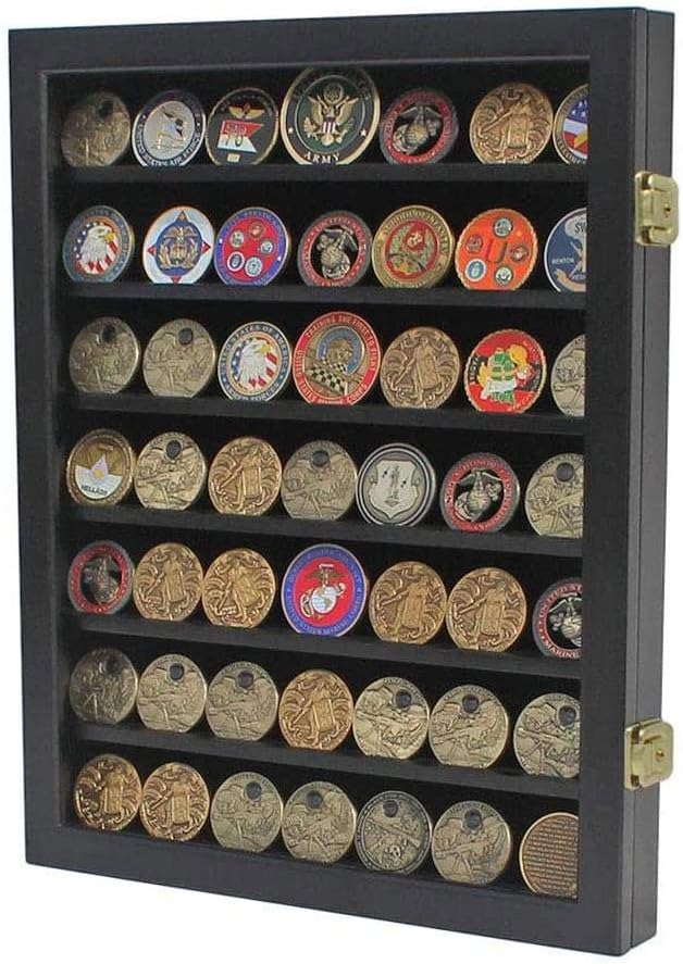 flag connections Military Challenge Coin Display Case Cabinet Poker Chip Rack Wood Cabinet, Glass Door...