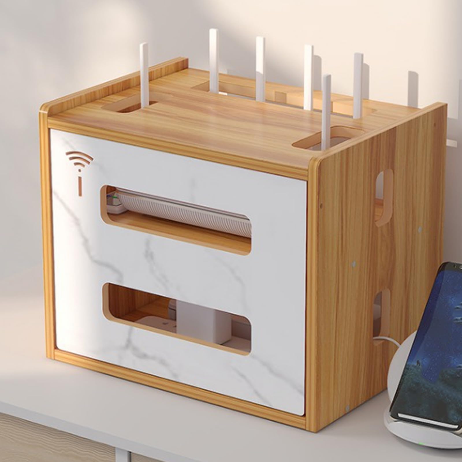 Uchwyt do routera naścienny Pływające półki Pudełko do przechowywania Wi-Fi 2-warstwowe, Pudełka do przechowywania na ścianie do domu, biura, 13x10x11 cali(Style 2)