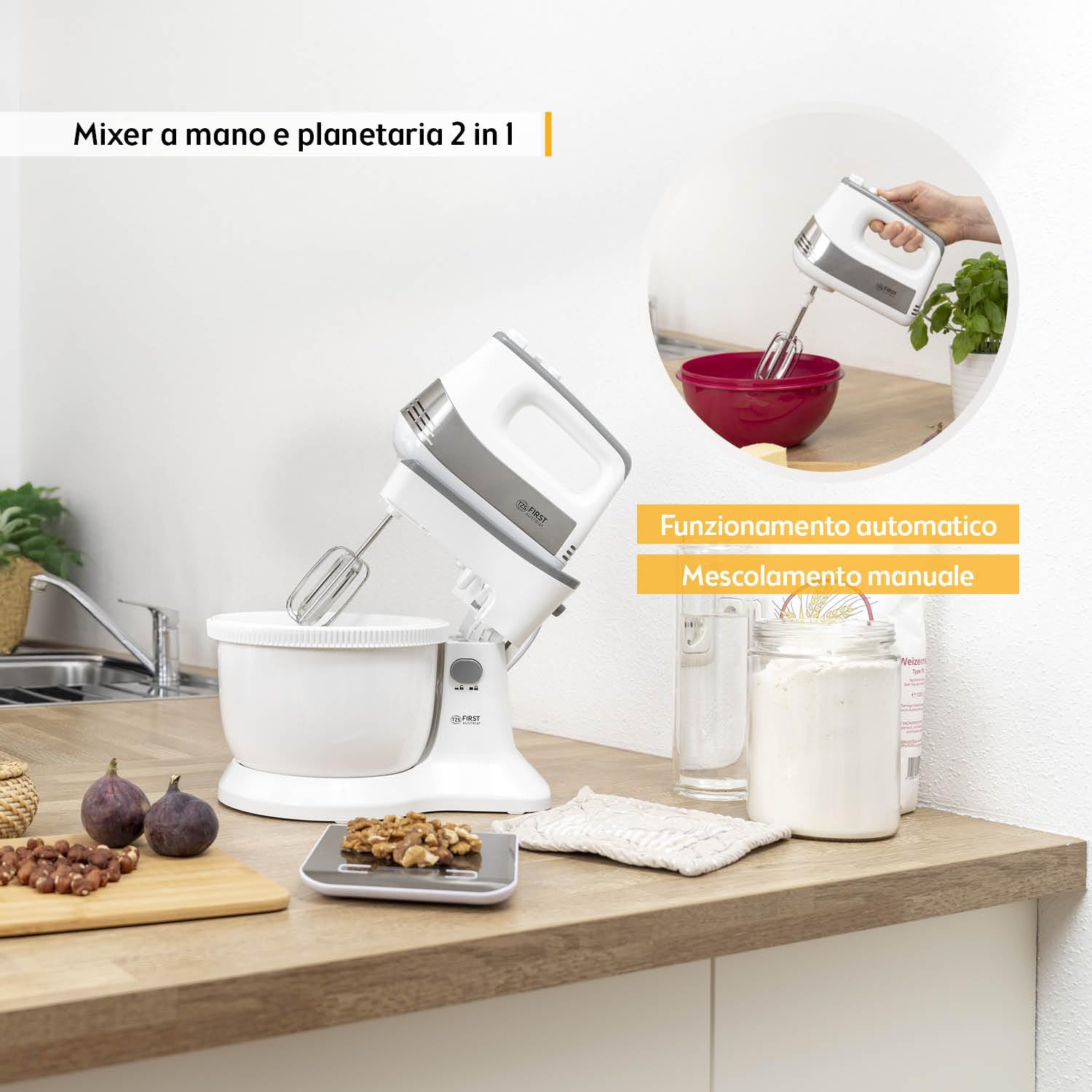 TZS First Austria mixer 2 in 1, mano e stand, 3,4L, 500W, 5 velocità, funzione turbo, fruste e ganci impasto inclusi