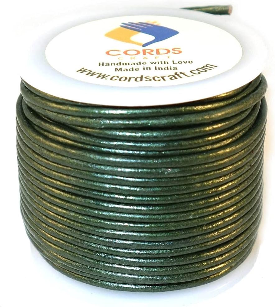 Round Leather Cord 1.5mm, Genuine Leather for Jewelry Making, DIY Craft Work, Necklace & Hobby Projects (Metallic Forest Green, 21.87 Yards)