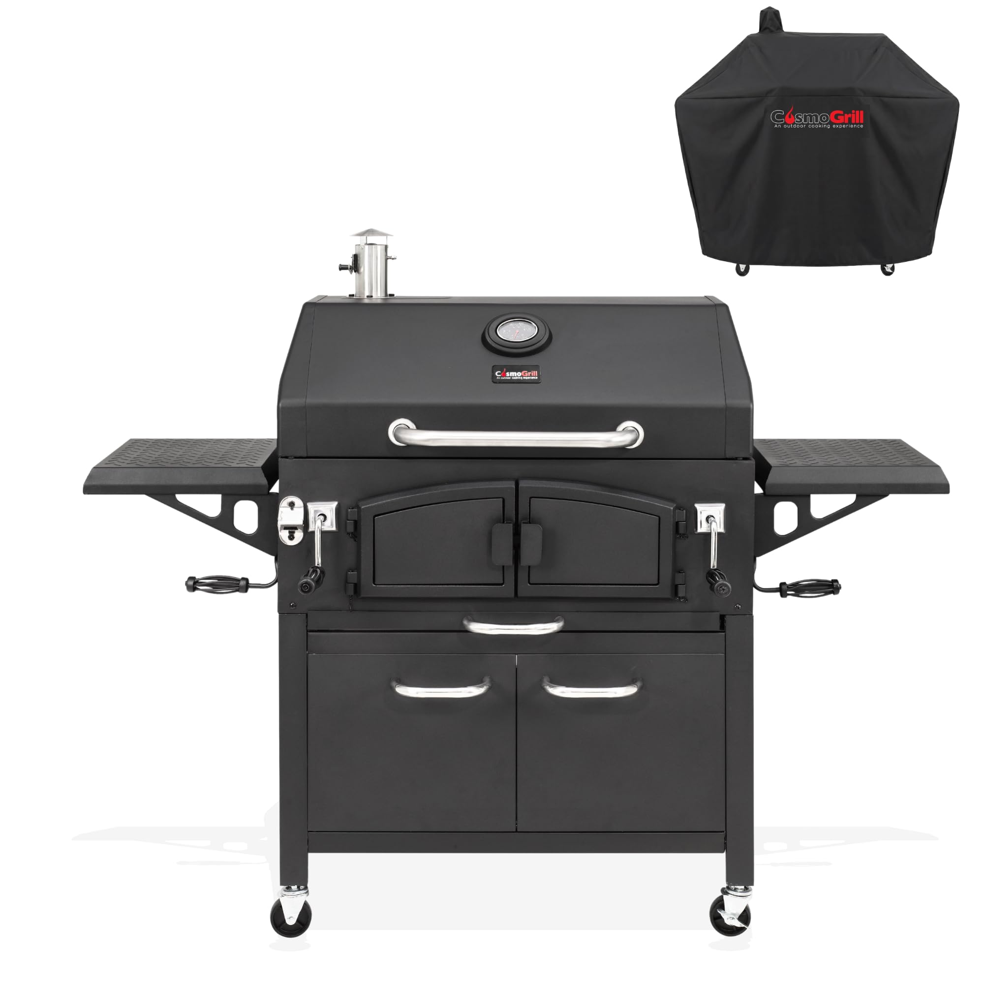 CosmoGrill Ignis Charcoal BBQ Grill with Waterproof Cover, Premium Smoker Barbecue with Dual Cooking Zone, Cast Iron Grates, Adjustable Charcoal Trays, Thermometer, Side Tables and Storage