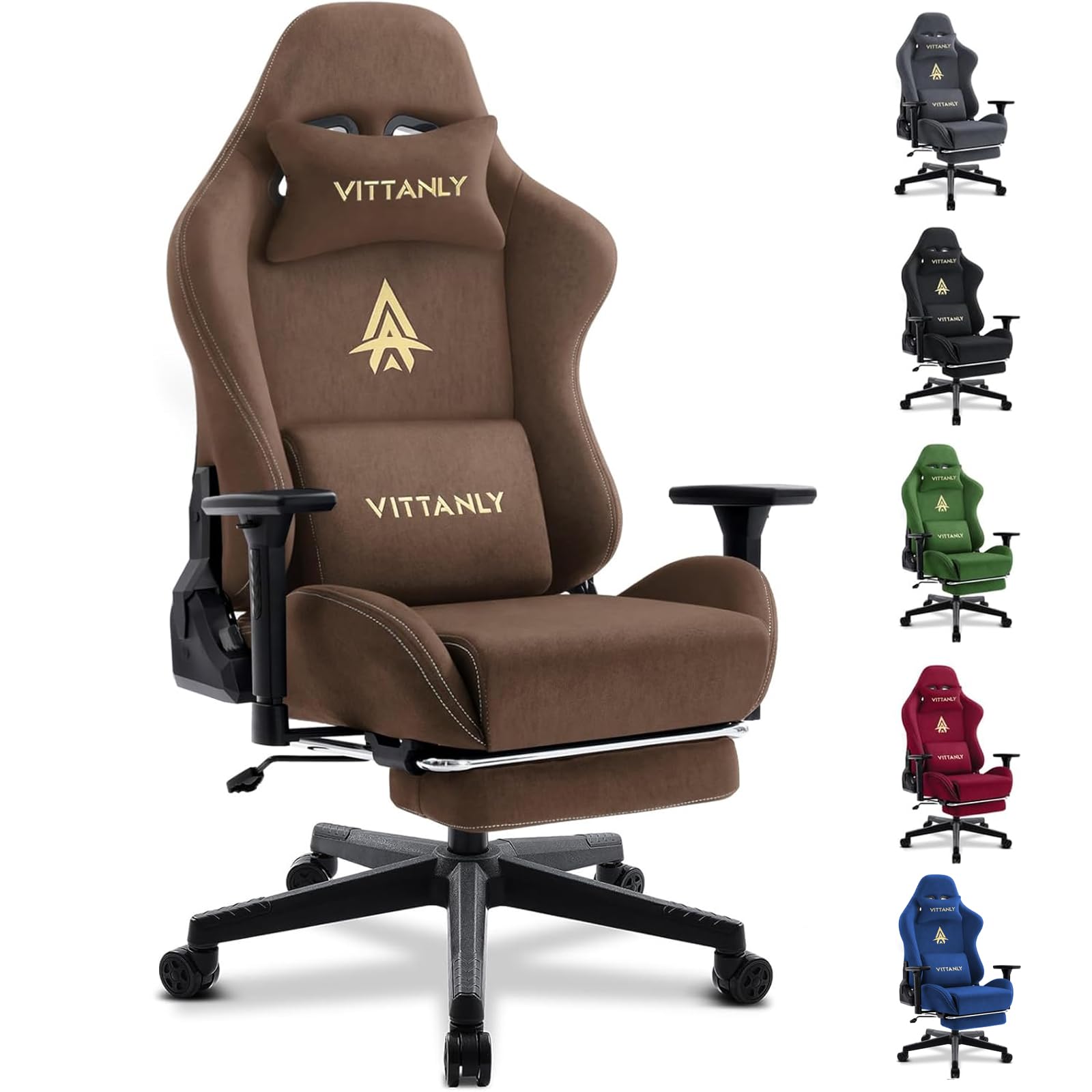 Vittanly Sedia da gaming, lussuosa e traspirante, in finta pelle scamosciata, da ufficio, da gaming, ergonomica, con poggiapiedi e cuscino lombare, braccioli 3D, schienale 90-155°, marrone