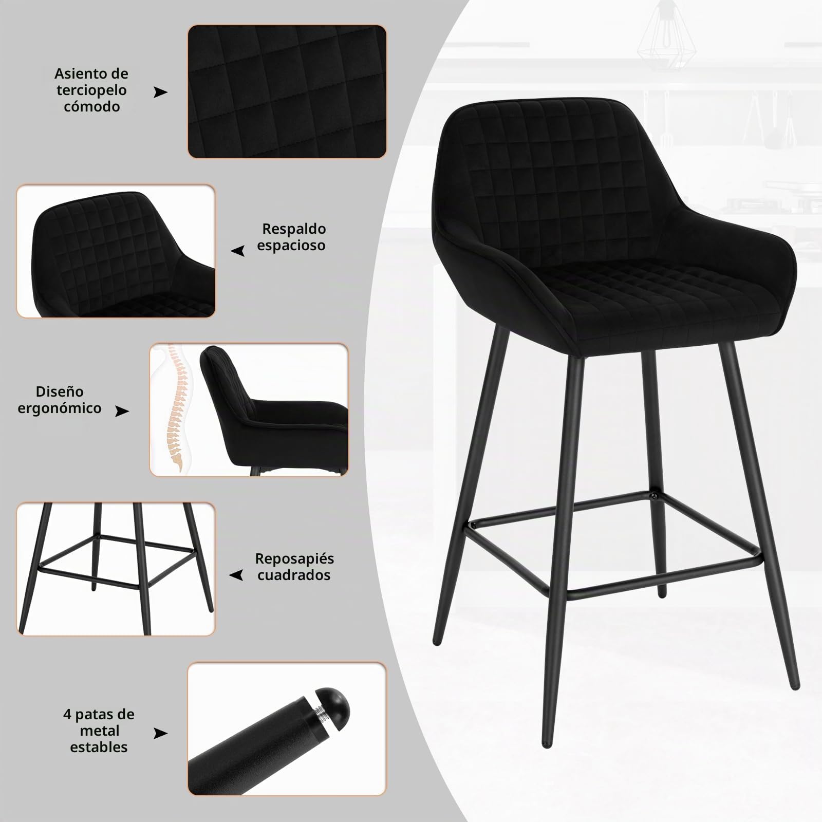 WOLTU Juego de 2 Taburetes de Bar con Respaldo Terciopelo, Negro | para Comedor, Salón y Cafetería