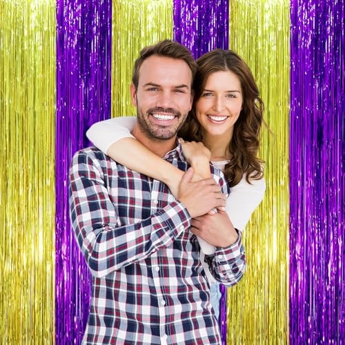 Image of Voircoloria 2 Pack Purple and Gold Foil Fringe Backdrop Curtains, Tinsel Streamers Party Decorations, Fringe Backdrop, Door Shimmer for Graduation or Birthday Party