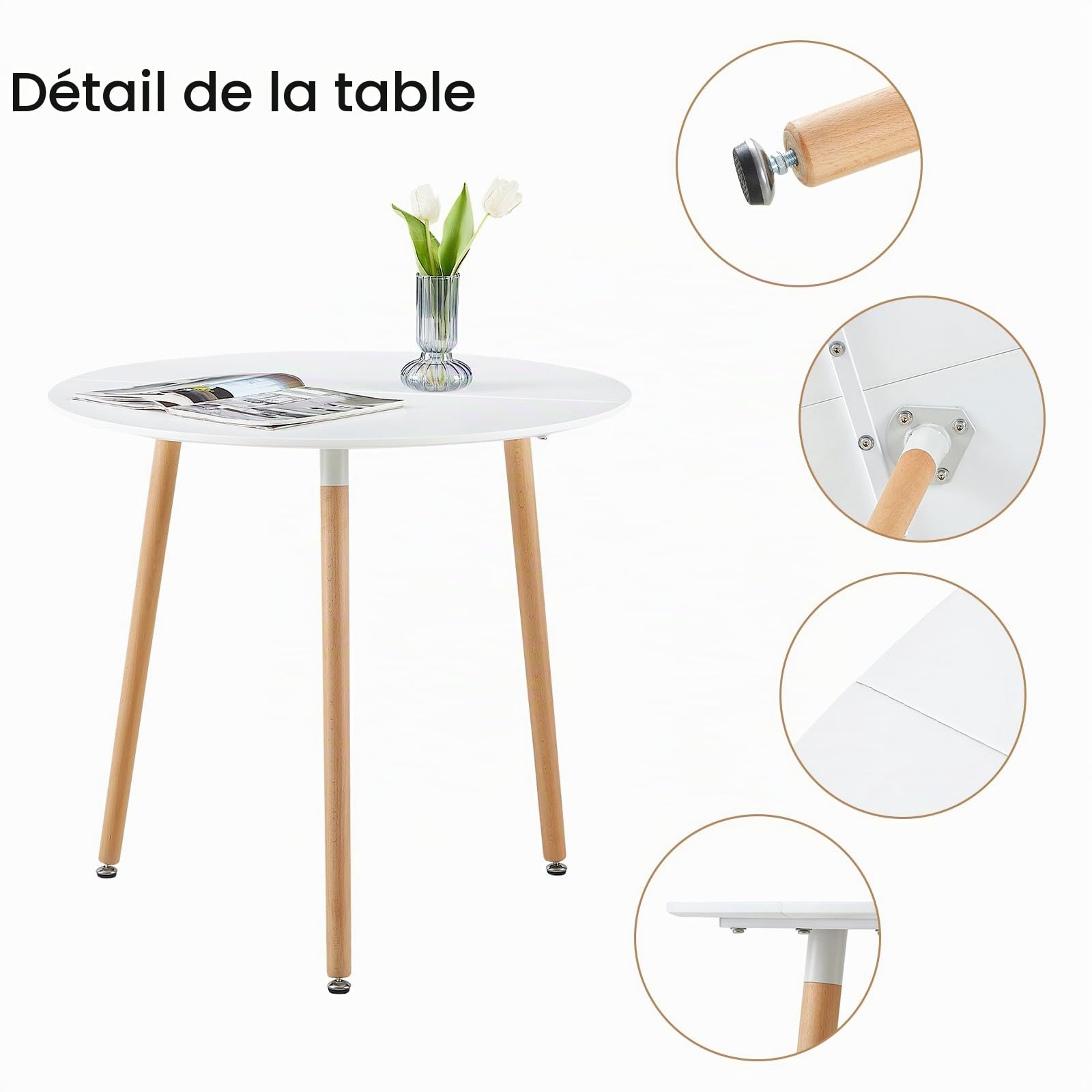 Ensemble de Salle à Manger Ronde Table et 4 Chaises Blanche