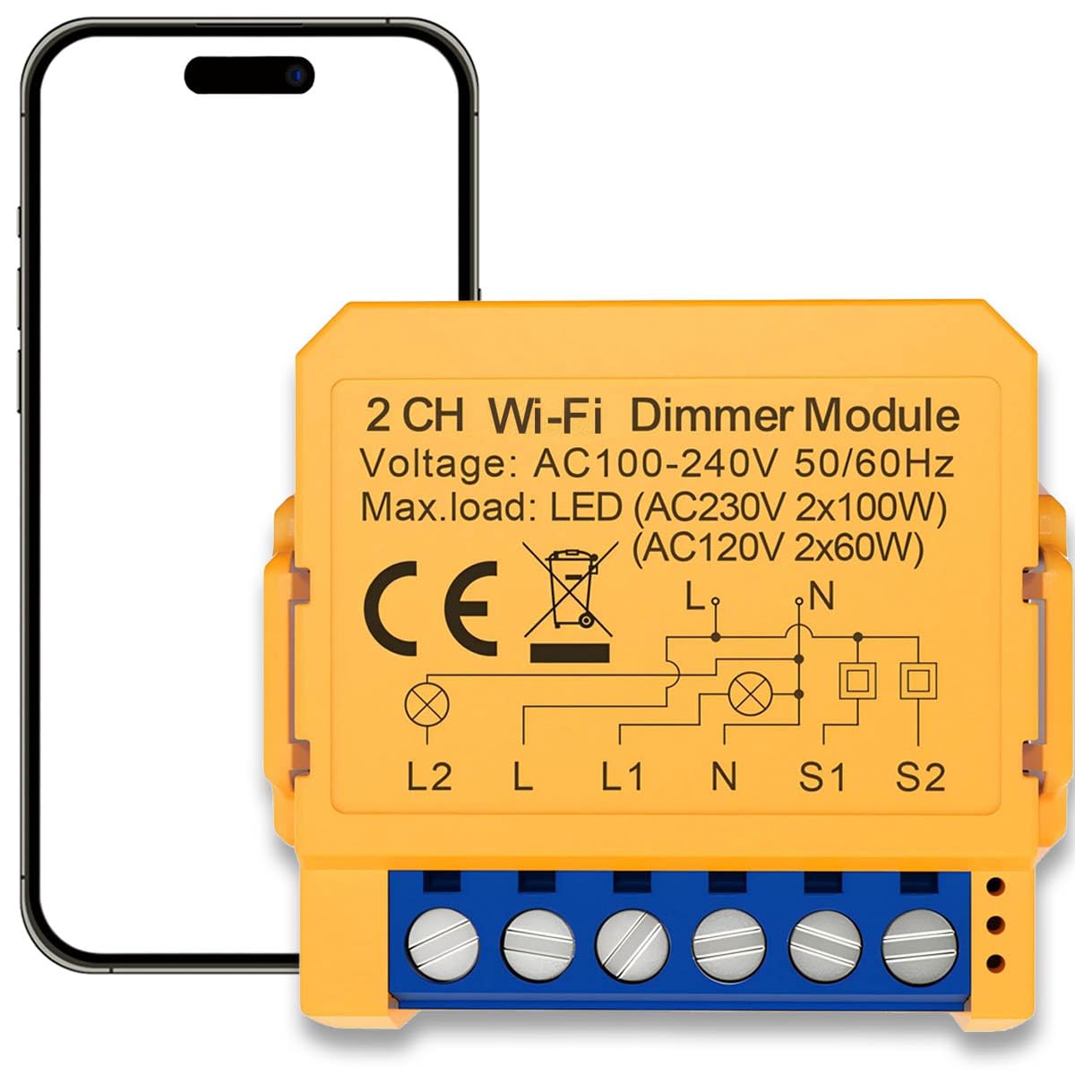 Acmerota Wifi Smart Dimmer Switch Module 2 Gang 2 Way WiFi Smart Light LED Dimmer Switch Mini Wireless LED DimmerSwitch Module Compatible LEDs & Incandescent, Voice & App Control