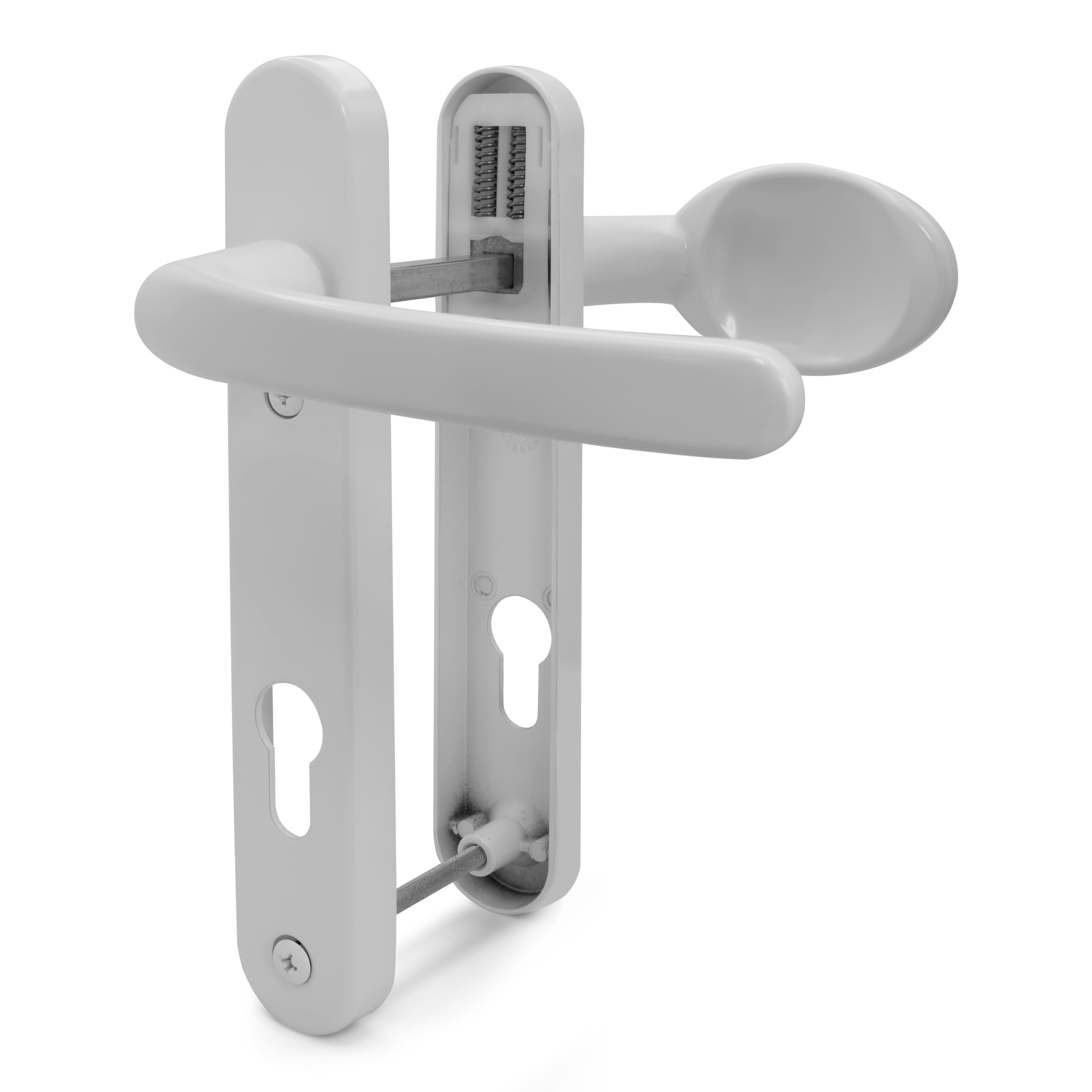 TSS White UPVC Door Handle Pair Set, Sprung, 92mm PZ (Centres), Lever Moveable Pad, 122mm Screw to Screw (Screw centres)
