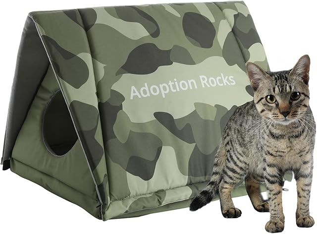 PETKIT Cat House Outdoor, "Adoption Rocks", Waterproof Oxford Cat Shelter Cave with Padded Bottom, Front and Back Entrance Holes, Foldable Triangle Cat Tent, 48*38*33cm, Camouflage Green