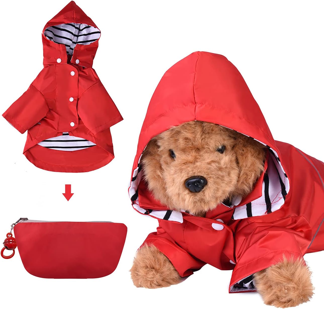 DOZCA Dog Raincoat Collapsable Rain Coat with Hood for Dogs Waterproof Rain Jacket with Bell for Small Medium Large Dogs Pet (Red, Small)