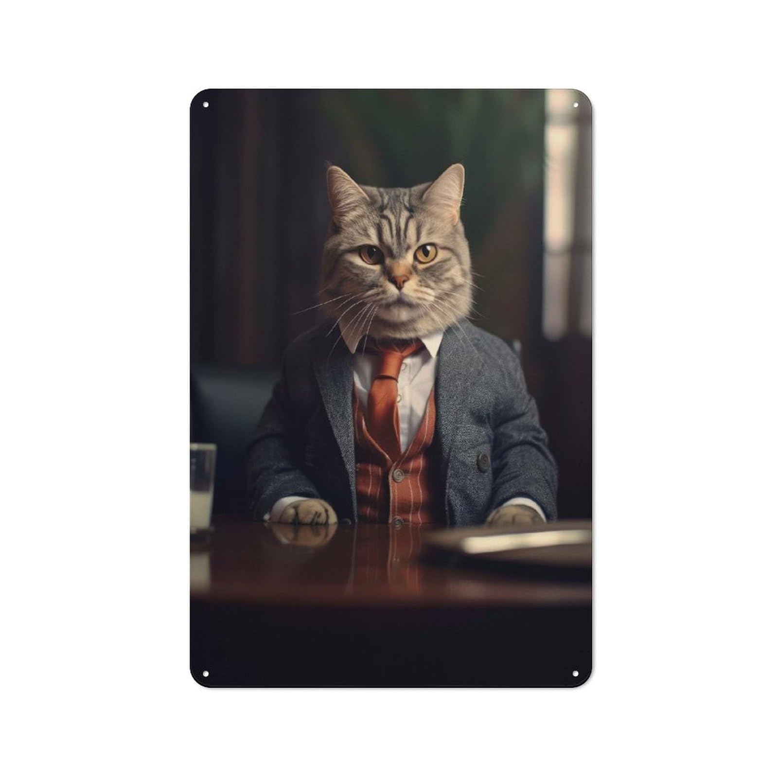 Junmoney Kitty Cat Wearing A Suit For Garage Or Workshop, Rustic Metal Plaque 30X20cm, Suited To Wall Displays In Garages And Tool Rooms