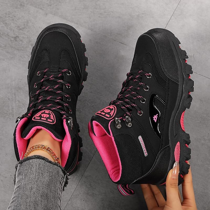 Women's Versatile All-Season Hiking Boots - Breathable, Non-Slip Traction Sole, Lace-Up Outdoor Sports Shoes in Black & Pink with Rubber Sole for Trekking & Mountaineering