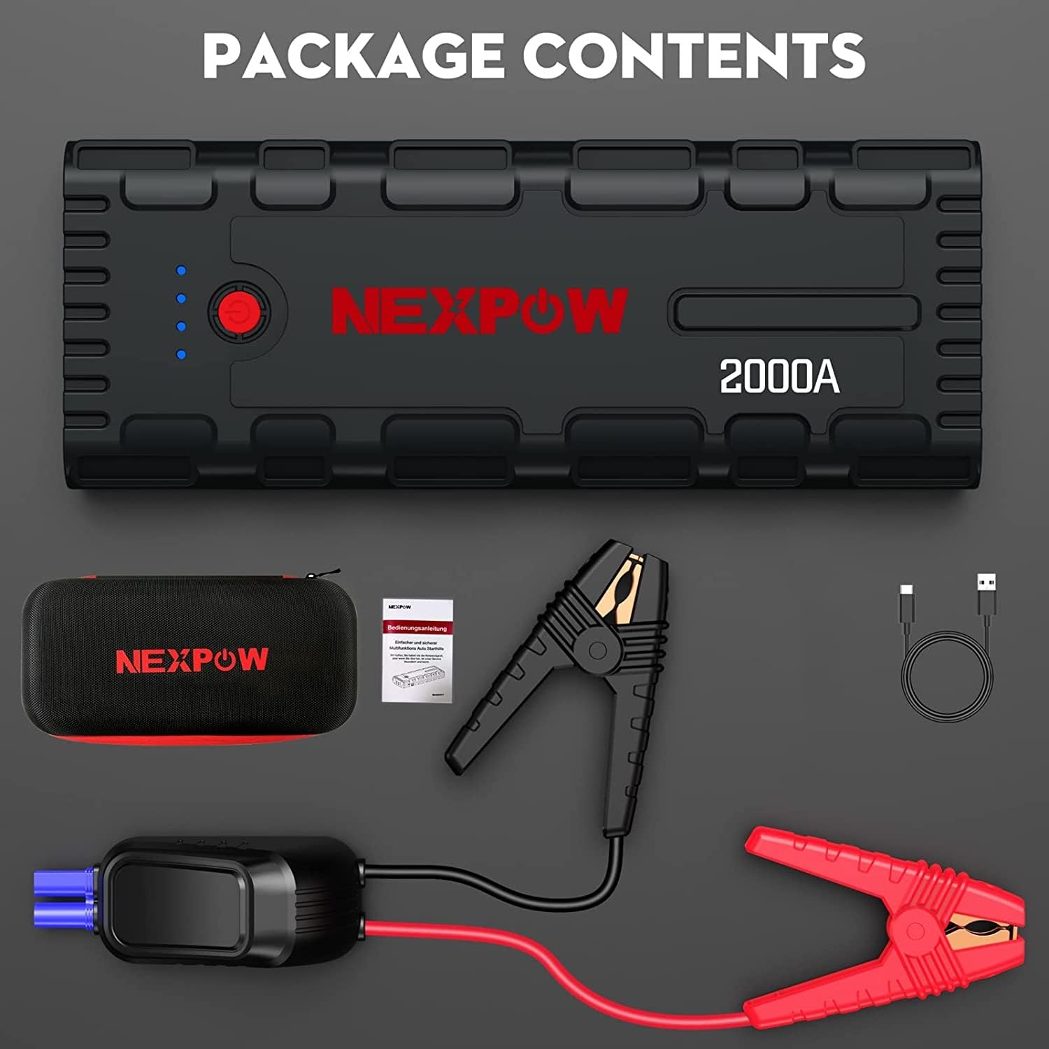 NEXPOW Avviatore Batteria Auto, 2000A Portatile Avviatore di Emergenza (per Motori Fino a 7.5L Benzina/6L Diesel), 12V Booster Avviamento Auto con Torcia a LED&USB Quick Charge 3.0