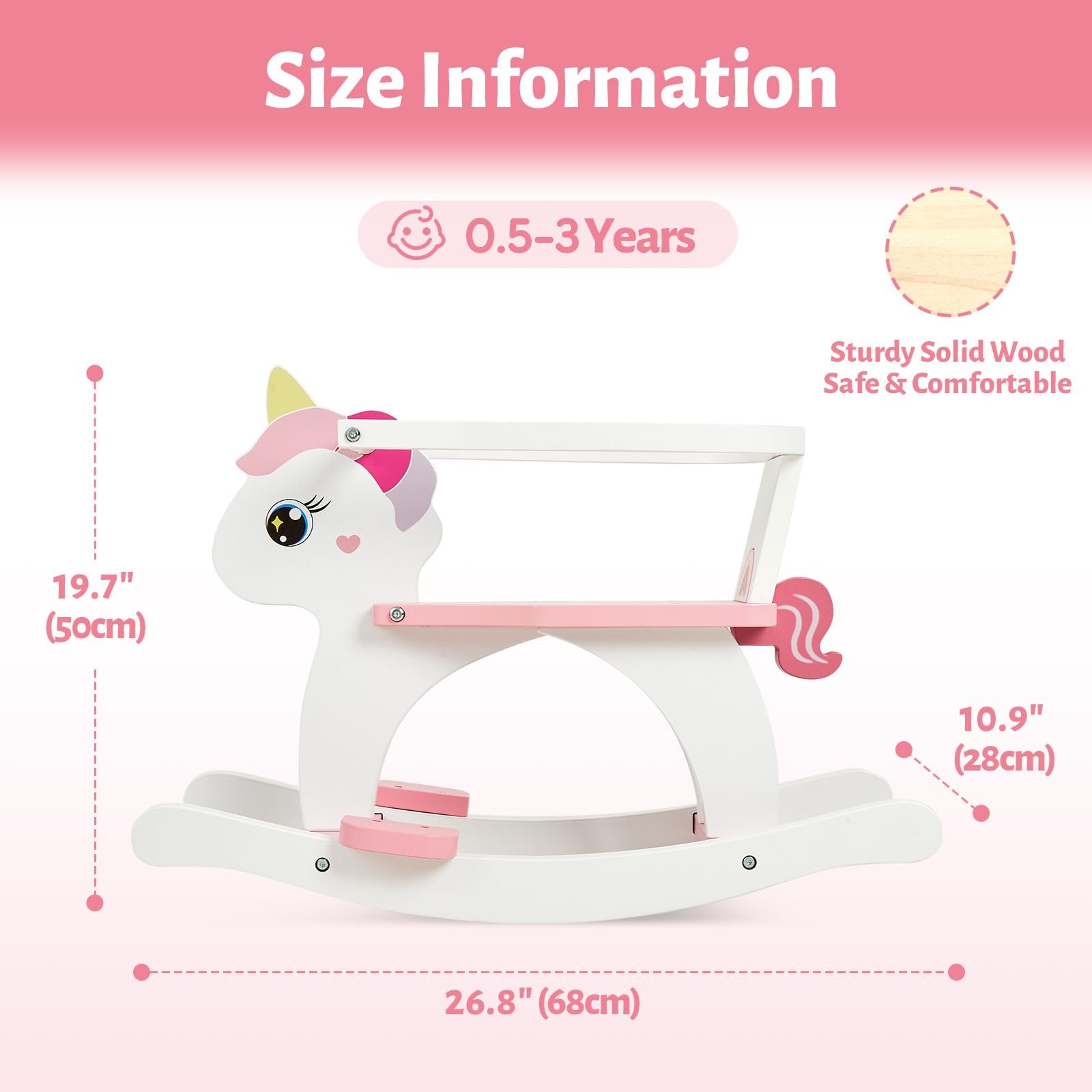 FUNLIO Caballo balancín de Madera Unicornio 0,5-3 años, con Valla y Respaldo Desmontables, balancín Infantil fácil de ensamblar, Certificado CPC – Rosa