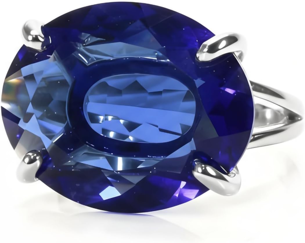 Oval Blue Sapphire Ring - Sterling Silver Statement Rings for Women - Vibrant Fashion, Engagement, September Birthstone Jewelry Ring