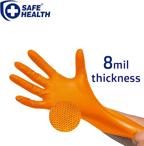 Miniatura 2 de Safe Health Guantes desechables industriales de nitrilo, color negro, 6 mil, naranja de 8 mil, textura de diamante