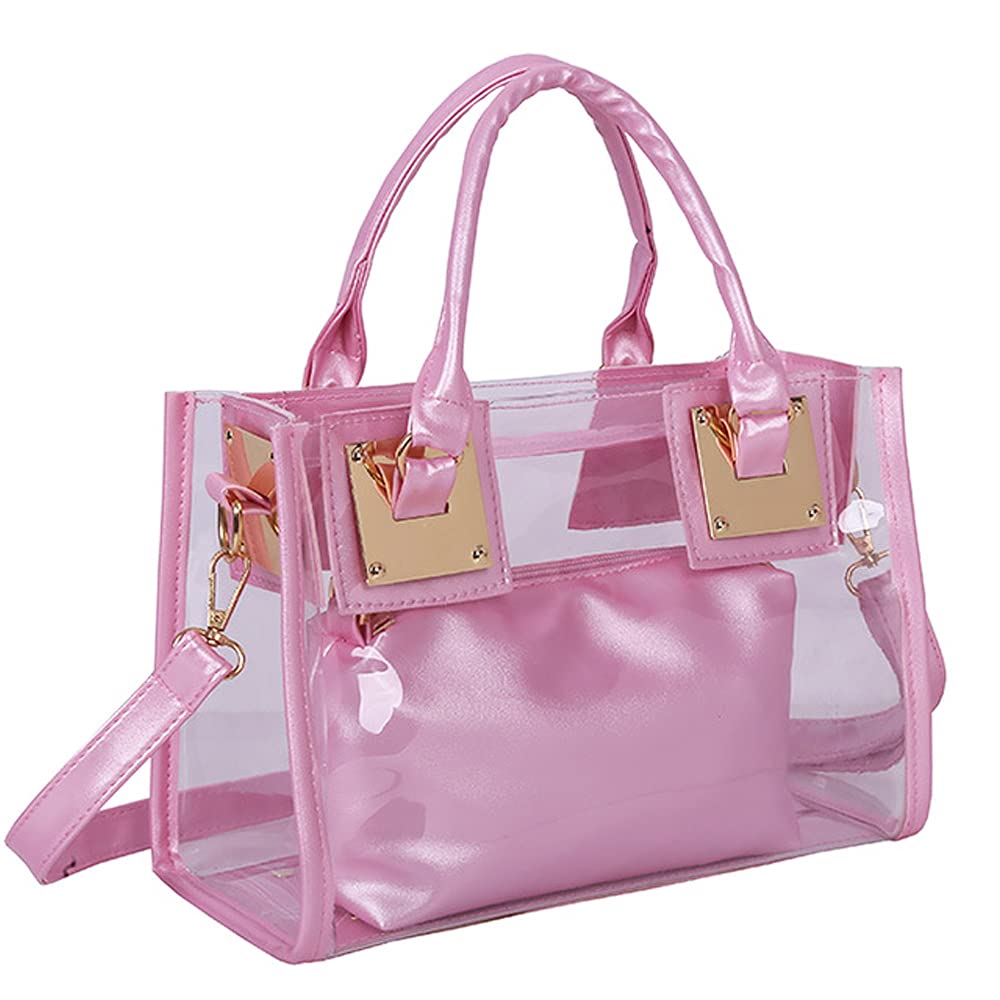 Cooba Small Clear Tote Beach Ladies Cross Body Bag Women's Satchel Transparent Messenger Shoulder Handbag Clear Jelly Purse with Small Card Bag (Pink)
