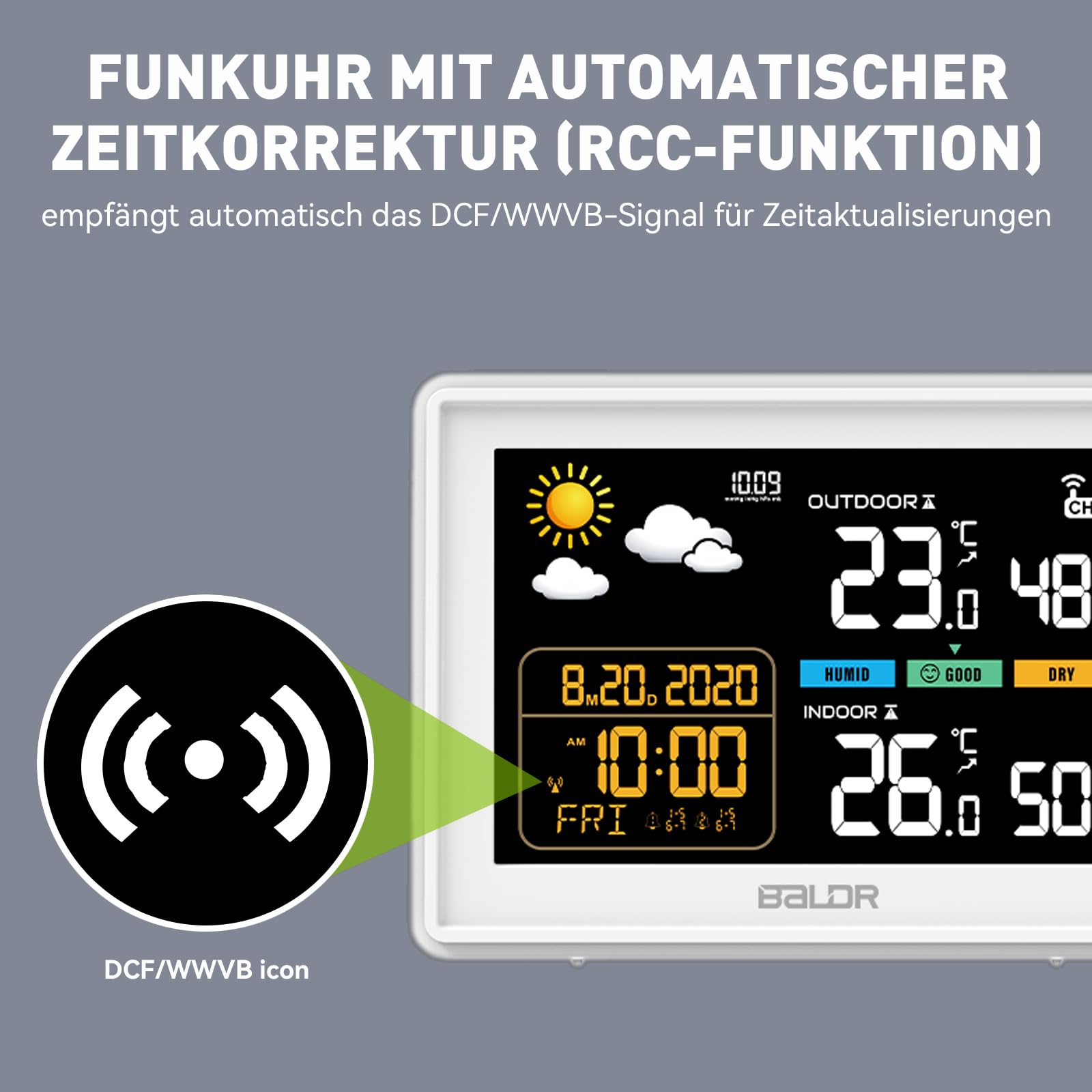 Konsen Wetterstation funk mit Außensensor DCF Funkuhr, Farbdisplay mit großen Zahlen von Innen und Außentemperatur, dauerhafte Beleuchtung, Wettervorhersage, Luftdurckanzeige