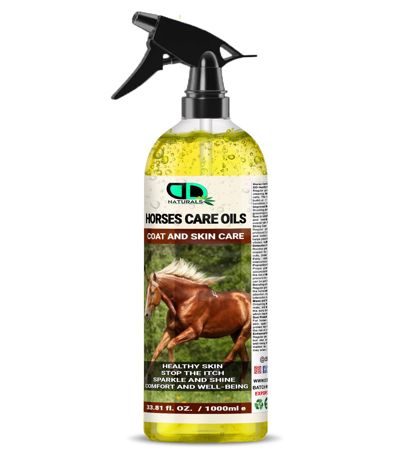 DD Teck Horses Care Oil for Coat and Skin Care, Healthy Skin Support, Helps Stop Itch, Sparkle and Shine Formula, Grooming Oil for Mane Tail and Coat, Equine Wellness Care for all coats (1000ml Spray)