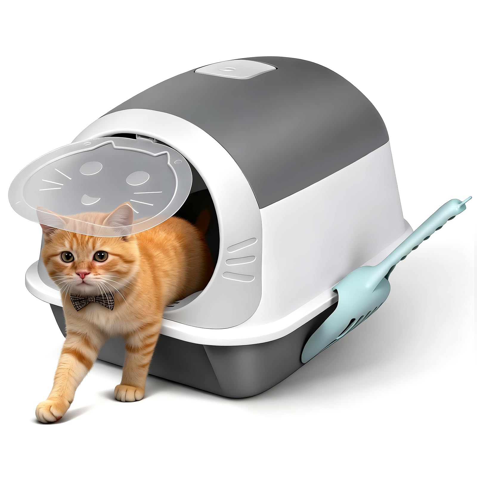 Pawchop Hooded Cat Litter Tray with Lid, Enclosed Cat Litter Box with Odour Control Carbon Filter, Anti‑Tracking & Easy Clean Design, Includes Scoop for Small & Medium Cats, Grey