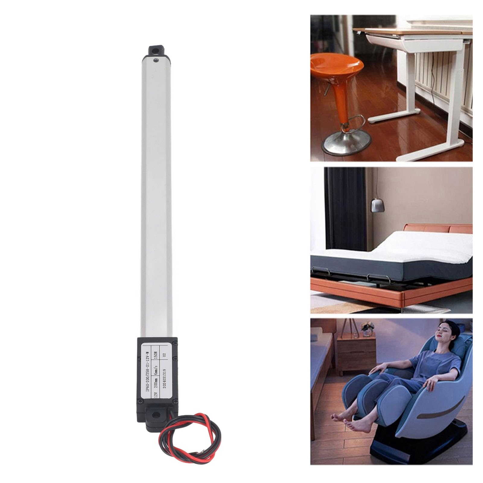 SIXRUN Attuatore Lineare 12V, Corsa 200mm Spinta 150N con Protezione da Sovraccarico per Apertura Elettrica Porte Auto Divani Reclinabili Tavoli TV Alzavetri