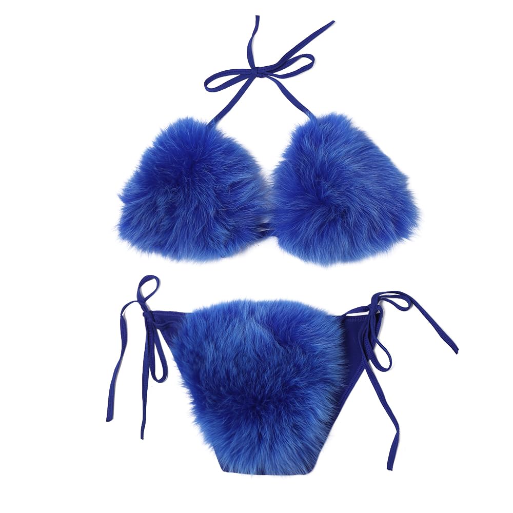 Zoscgjmy Women's Blue Faux Fur Halter String Triangle Bikini Sets Two Piece Swimsuits (Blue)