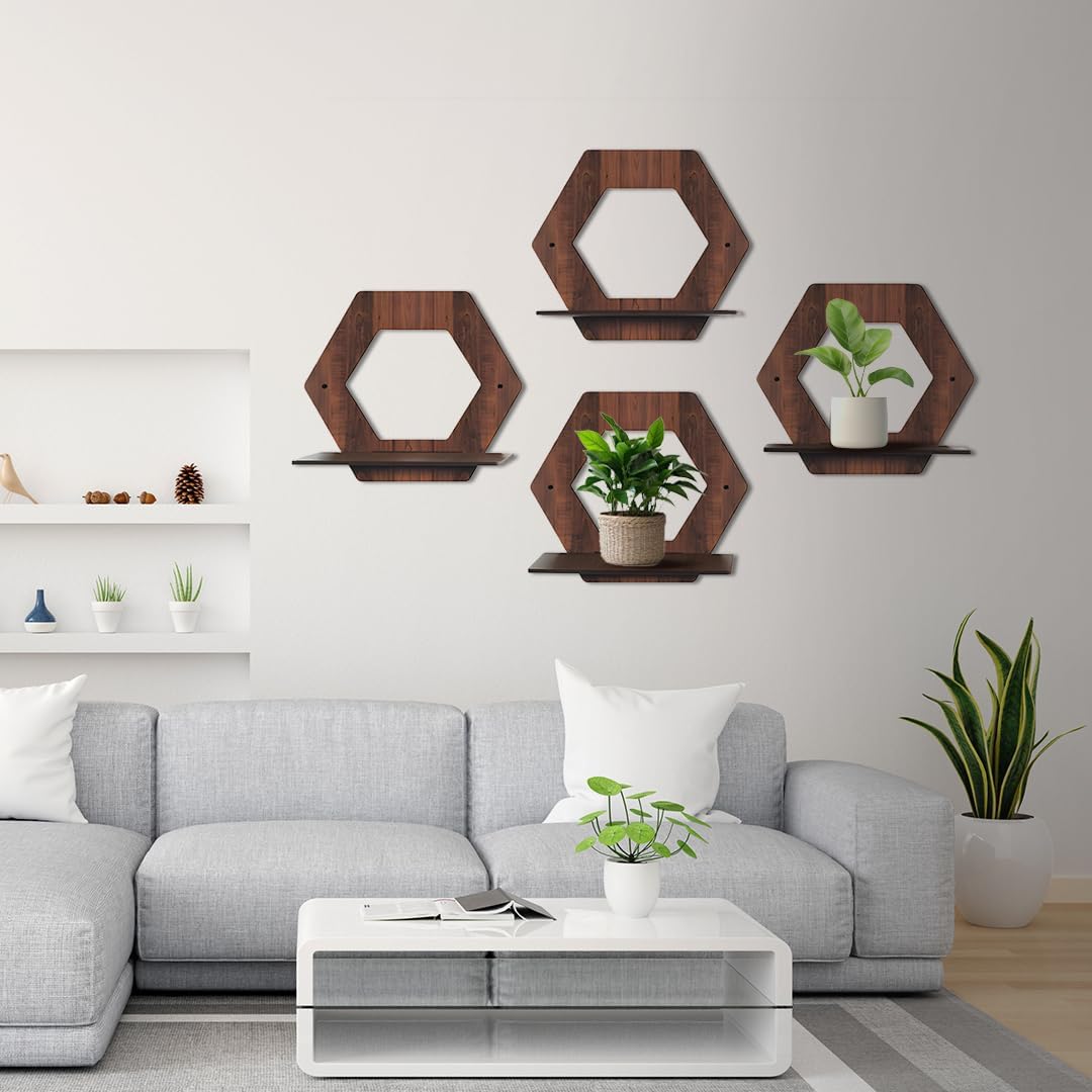 Rellon Industries Wall Mounted Shelf for Living Room Stylish MDF Floating Shelf, Freestanding for Living Room, Bedroom, Kitchen - Easy Assembly, Set of 4((HEXAGONE Shelf) (B0CQSWB7MX) Amazon Price History, Amazon Price Tracker