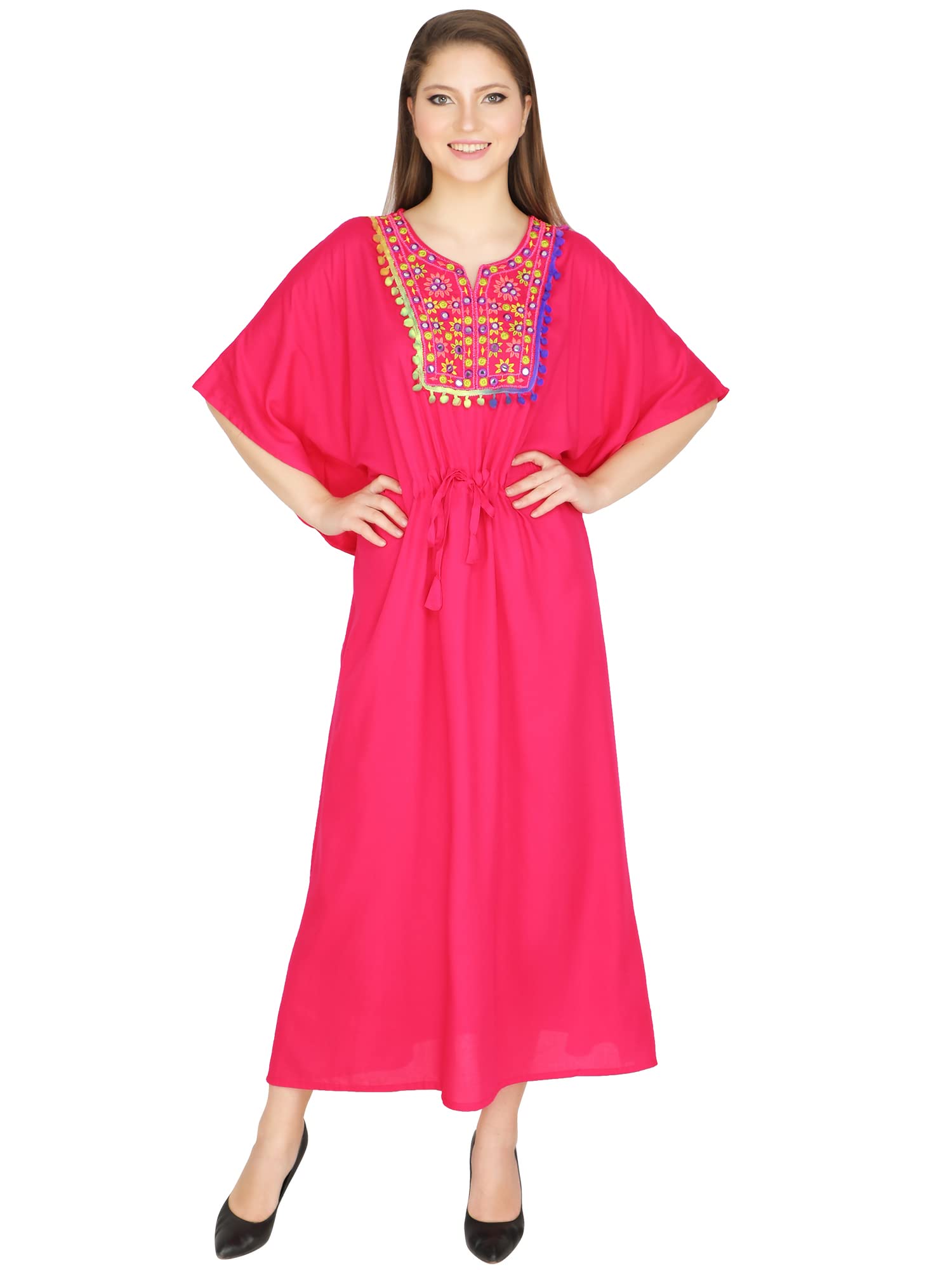 ukal Women’s and Girl’s Summer Embroidery Short Sleeve Bikini Swimsuit Cover Up Maxi Kaftans Beach Dress (Large, Pink)-picture-6
