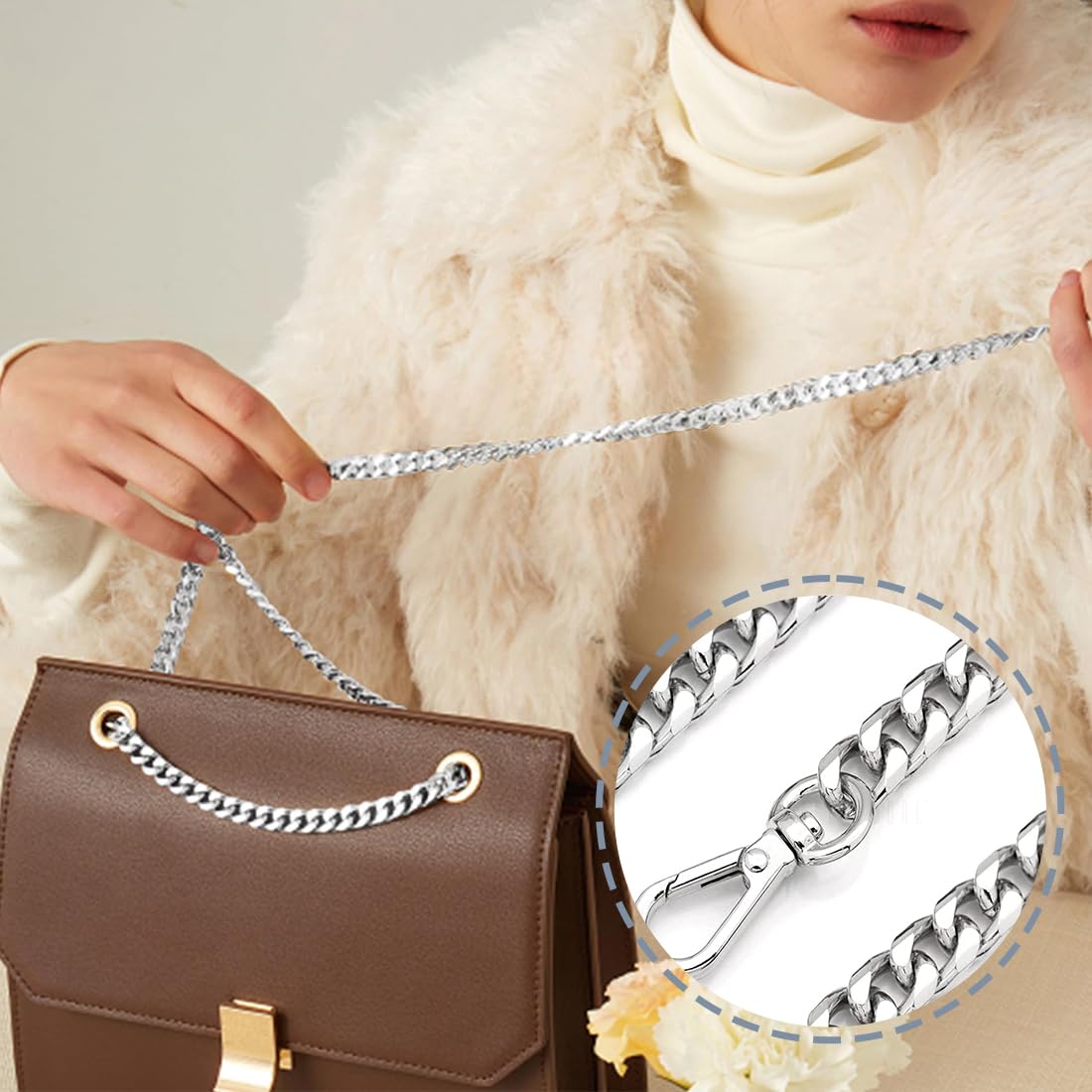 Cadena plateada para bolso, cadena metálica dorada para bolso, 120 cm, adecuada para bricolaje, bolsos, cadenas para bolsos de mano, cadenas de repuesto para bolsos de hombro.
