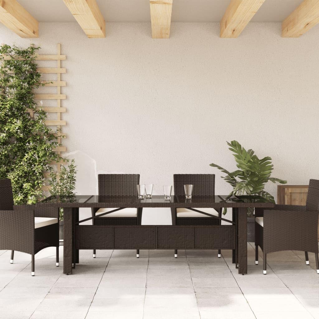 Stół ogrodowy ze szklanym blatem, brązowy, 240 x 90 x 75 cm, polirattan, stal malowana proszkowo, stół outdoorowy, na taras, balkon, do ogrodu, dla rodziny, gości, pikników, jedzenia