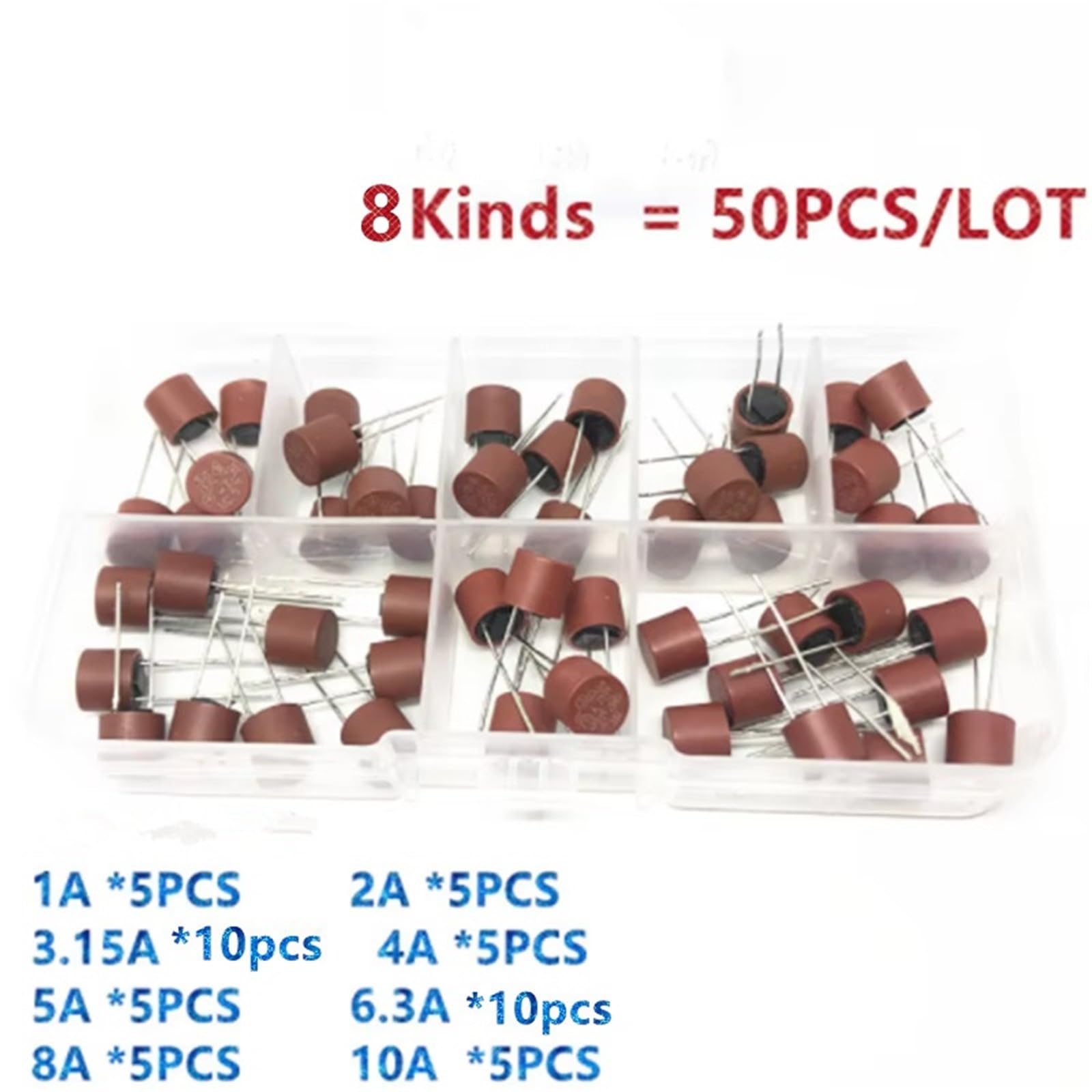 Fusibili cilindrici 382 da 50 pezzi, 1 A, 2 A, 3,15 A, 4 A, 5 A, 6,3 A, 8 A, 10 A, LCD, kit assortiti for assicurazione