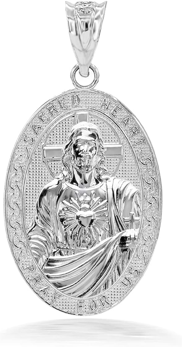 Claddagh Gold .925 Sterling Silver Sacred Heart Of Jesus Pray for Us Oval Medal Religious Pendant Necklace - Choose Pendant Only or Necklace w/ 16”-22” Chain