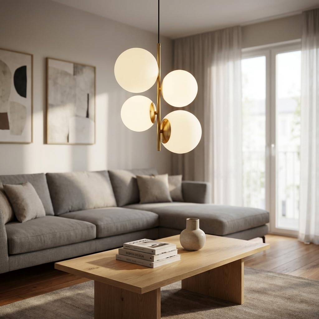 BARCELONA LED Lampadario a Sospensione con 4 Sfere in Vetro Opalino Bianco, Corpo in Metallo Oro/Rame, Moderno e Retrò, Ideale per Camera, Ufficio, Scale, Sala da Pranzo, Caffè, Ingresso
