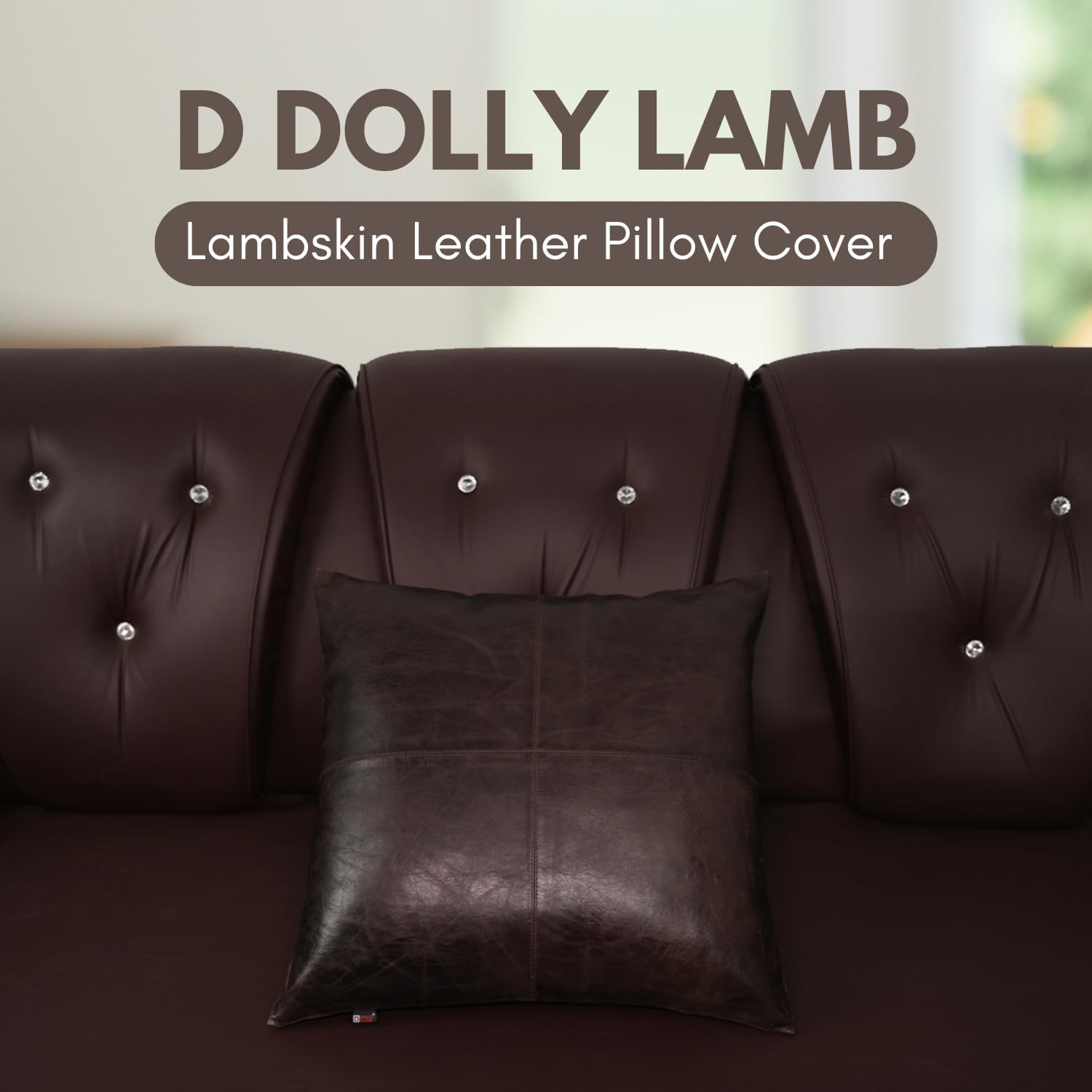 D DOLLY LAMB Lambskin Leather Pillow Cover - Sofa Cushion Case - Decorative Throw Covers for Living Room & Bedroom, 20x20 Inches - Dark Brown Crunch Plain Pack of 1