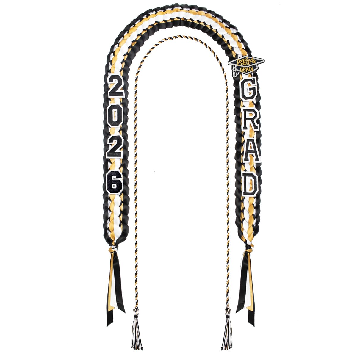 Yigney Graduation Lei Set Class of 2026 Grad Ribbon Leis with Honor Cord Double Braided Graduate Leis for Men Women Black Gold White