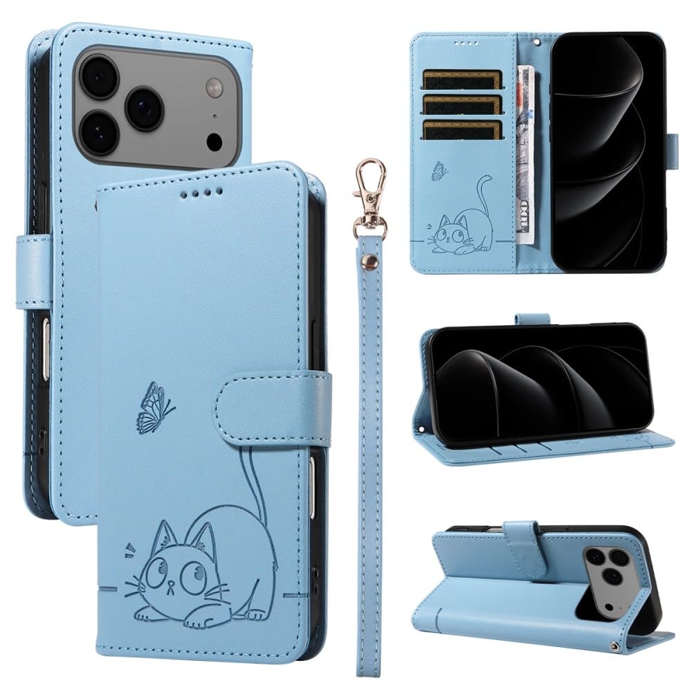 Generic étui compatible avec iPhone 6/7/8/SE2/SE3 (couleur : bleu clair) motif chat papillon portefeuille en cuir étui à rabat