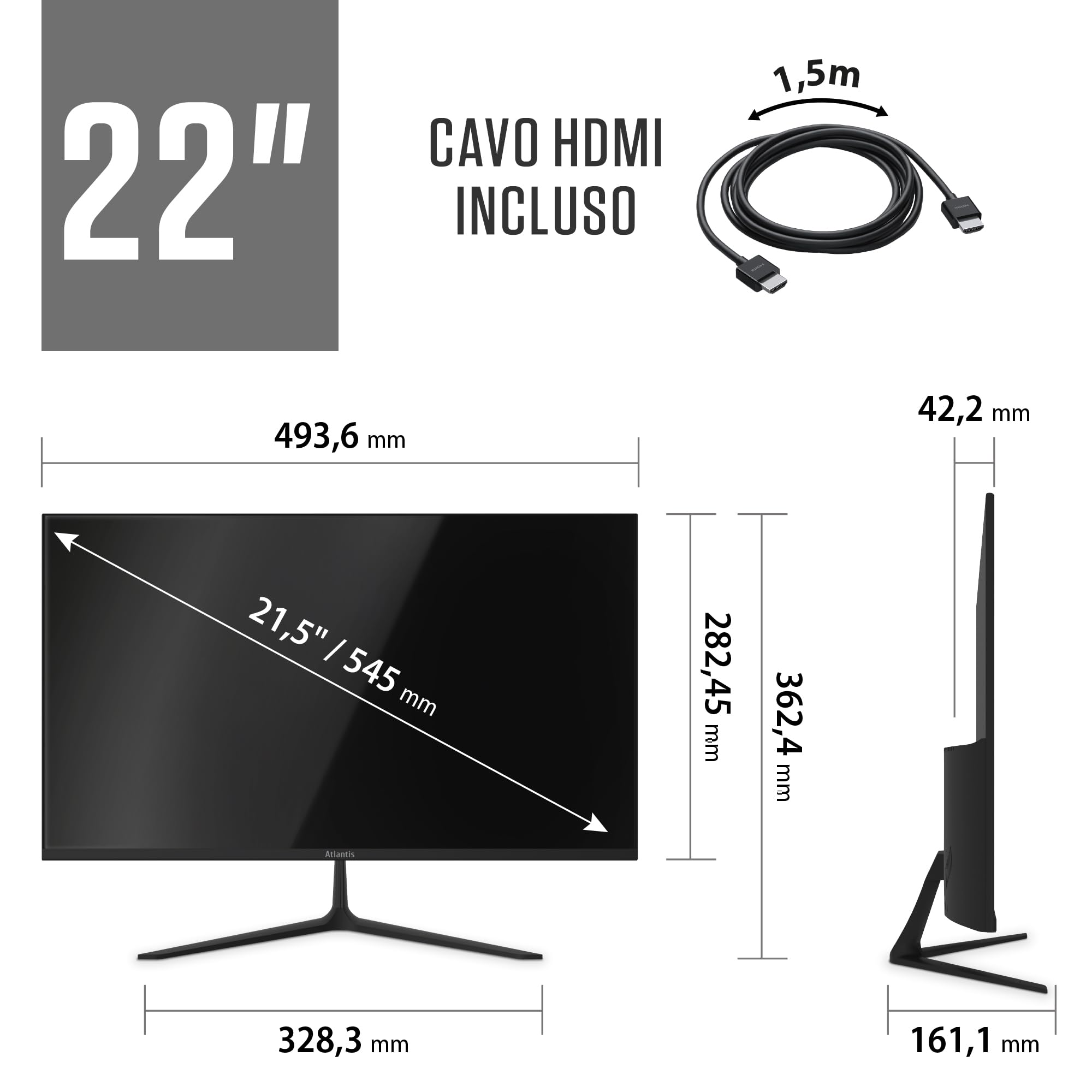 Atlantis Monitor 22 pollici, schermo 22" VA 100Hz, Full HD 1920x1080, VGA HDMI, MULTIMEDIALE, FreeSync, Uscita Audio/Cuffie inclinabile, risposta 5ms, Contrasto 3000:1, Angolo 178/178, Cavo HDMI 1,5m