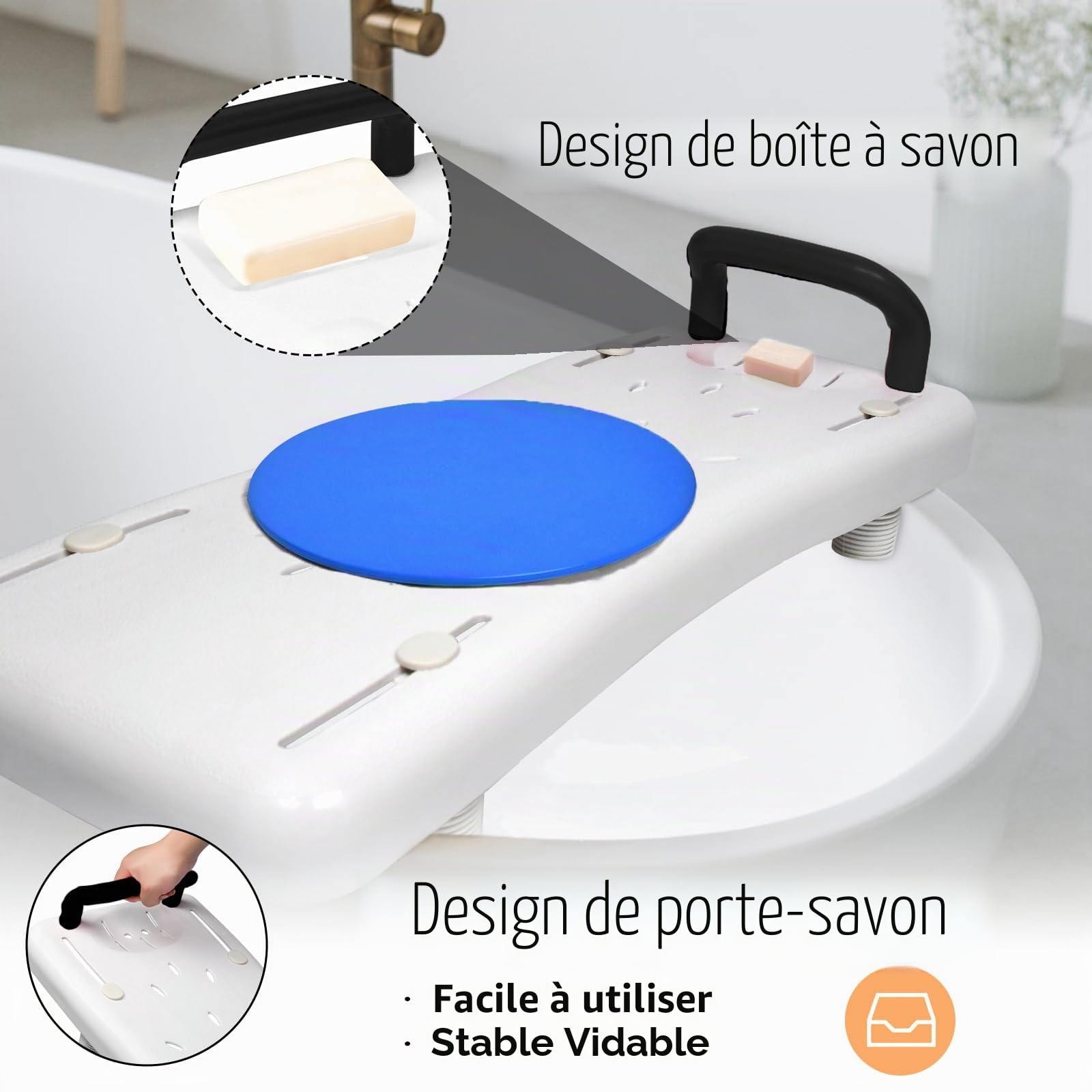 FIVMEN Planche de bain pour personnes âgées, adultes, avec poignée ergonomique et plateau rotatif, siège de baignoire antidérapant, planche de douche, planche de bain, noire