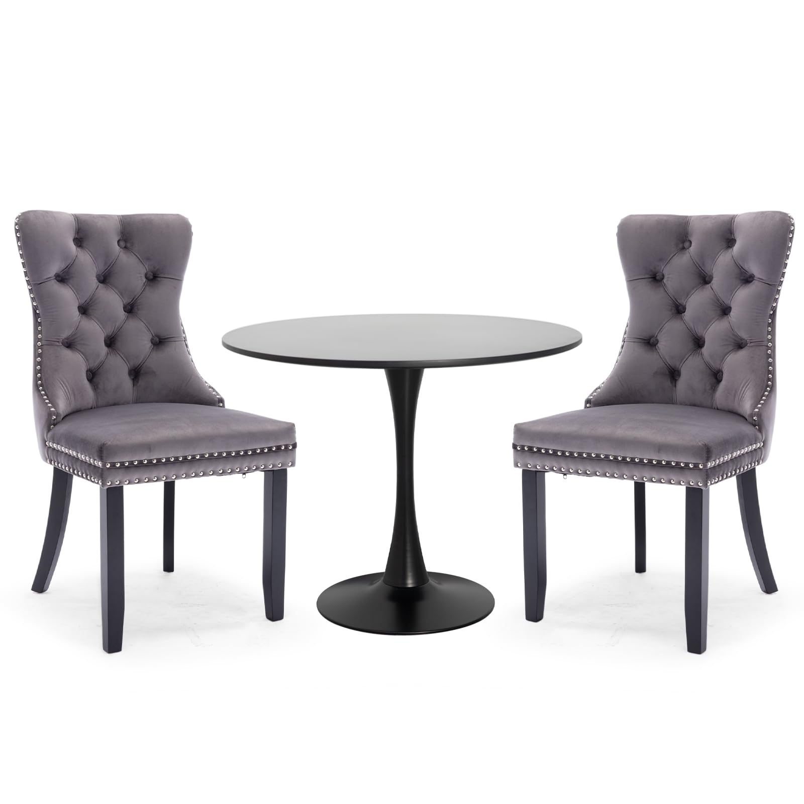 SEE DESCRIPTION 3-Pieces Dining Sets, 31.5" Round Dining Table Set with 2 Velvet Upholstered Dining Chairs,Wooden Legs Design for Kitchen Dining Room Apartment Small Space(1 Black Table with 2 Grey Chairs)