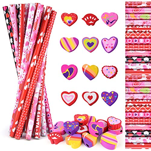 MIAHART 48 pièces crayons de la Saint-Valentin coeur gommes ensemble fournitures de bureau scolaire accessoires de papeterie décorations de fête pour étudiants, enseignants, employés de bureau (48) Cover