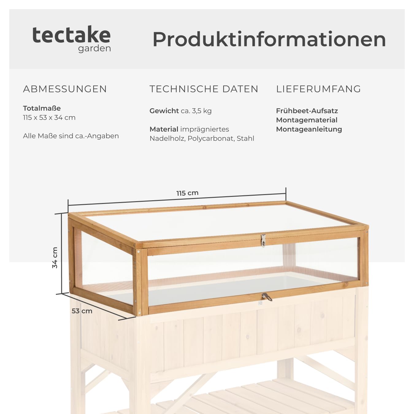 tectake® Frühbeet Aufsatz aus Holz, witterungsbeständig, Schutz vor Wind und Wetter, Frühbeetaufsatz mit funktionellen Hohlkammerplatten, 115 x 53 x 34 cm, kombinierbar Hochbeet 403232