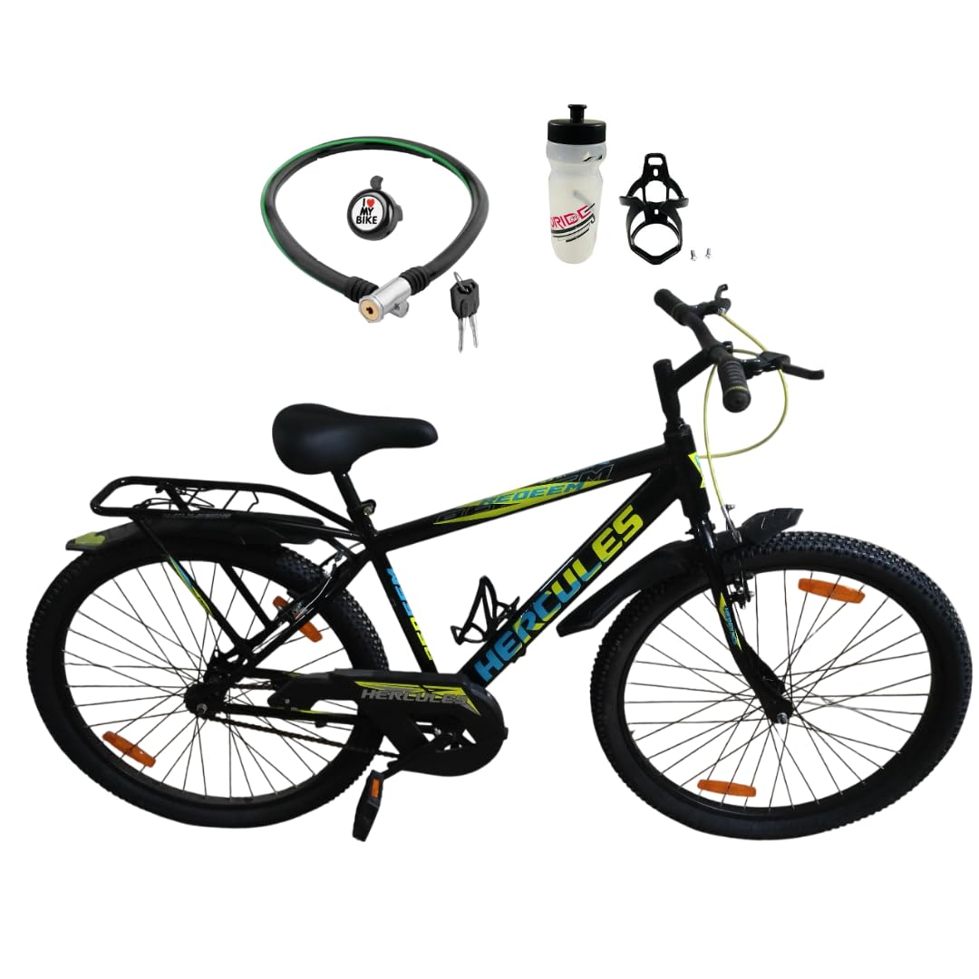 Hercules Redeem 26T Sports Bike | Power Brake, Single Speed, Inbuilt Carrier | Lock, Bell & Water Bottle | 85% Assembled Unisex Bicycle | Age 13+ Years | Black