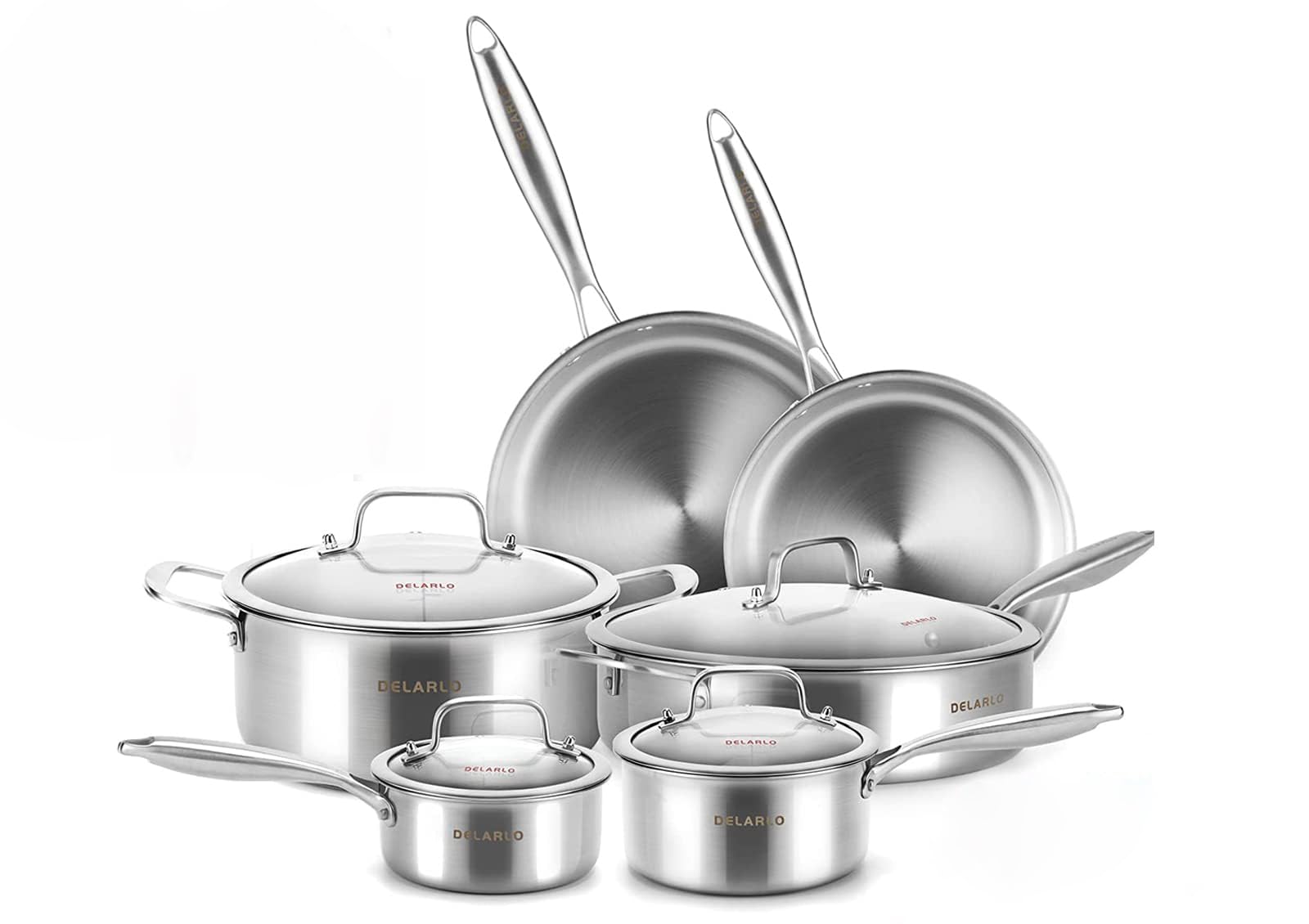 DELARLO Whole body Tri-Ply Stainless Steel Kitchen Cookware Set of 14 With Lid Heats quickly Cookware, Suitable for All Stove Kitchen, Pots and Pans sets