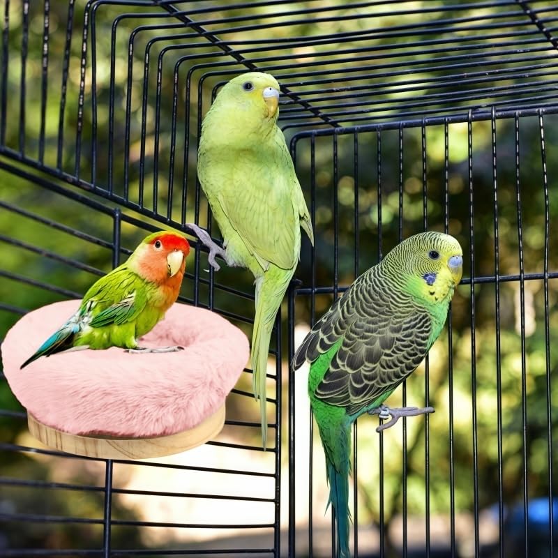 Image of 2Pcs Bird Perch Stand Platform Plush Parrot Hanging Hammock Warm Bird Nest Snuggle Hut Birds Sleeping Bed Wood Perch for Parrot, Budgies, Parakeet, Cockatiels, Conure, Lovebirds-Purple&Pink