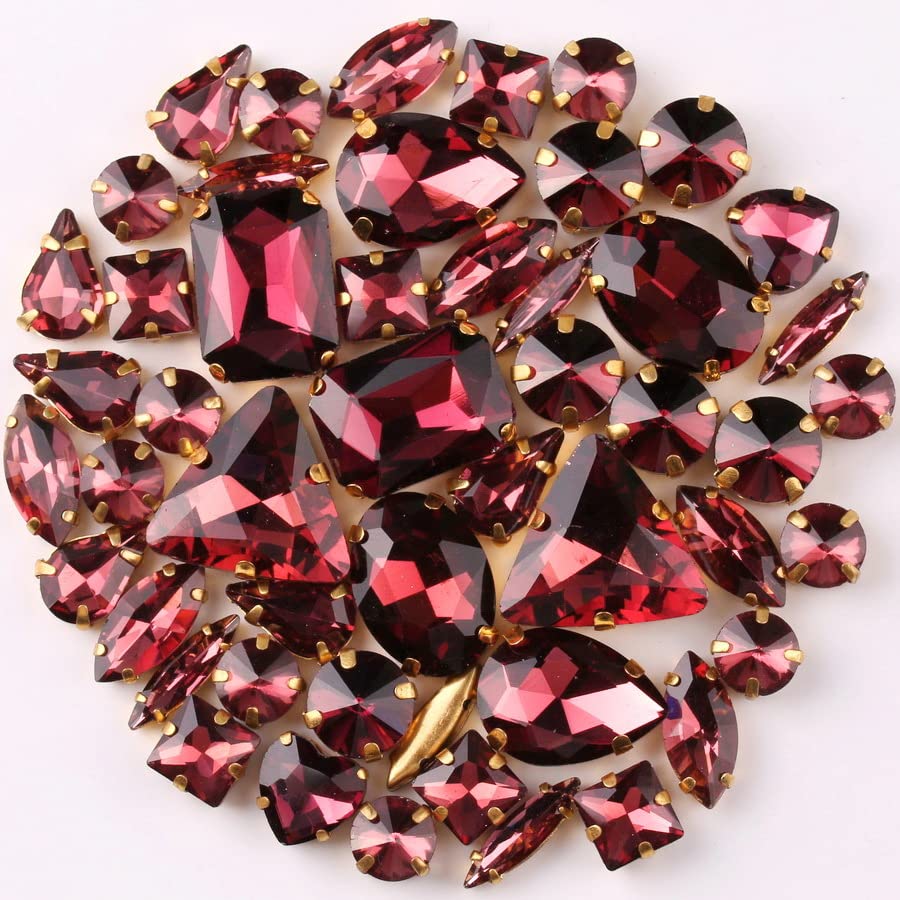50 Pcs Sew On Rhinestone Mix Shapes Sew On Glass Gems Metal Back Prong Setting Sewing Claw Rhinestone for Clothes, Shoes, Belt, Dress DIY Crafts Jewelry Making (Wine Red)