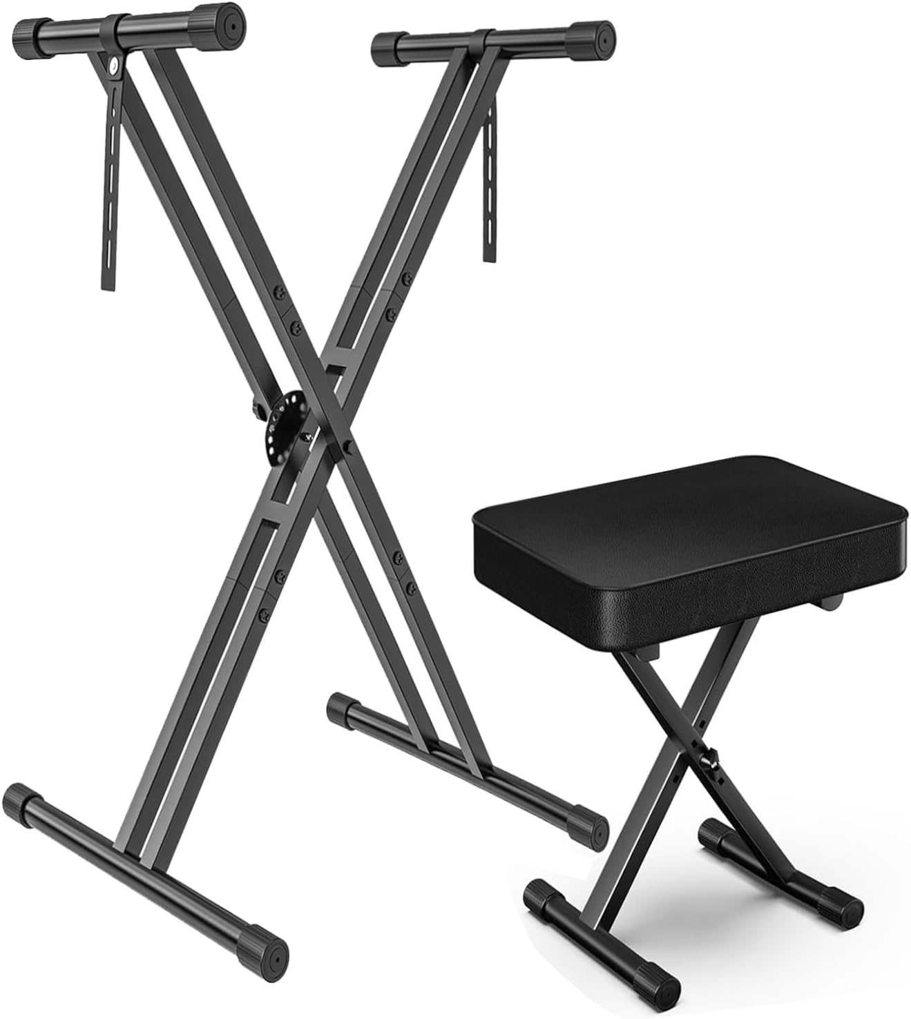 GLEAM Keyboard Stand and Bench Set, Double X Style Keyboard Stand Height from 19" to 38", Heavy Density Foam Padded Bench Height from 14" to 18" Black